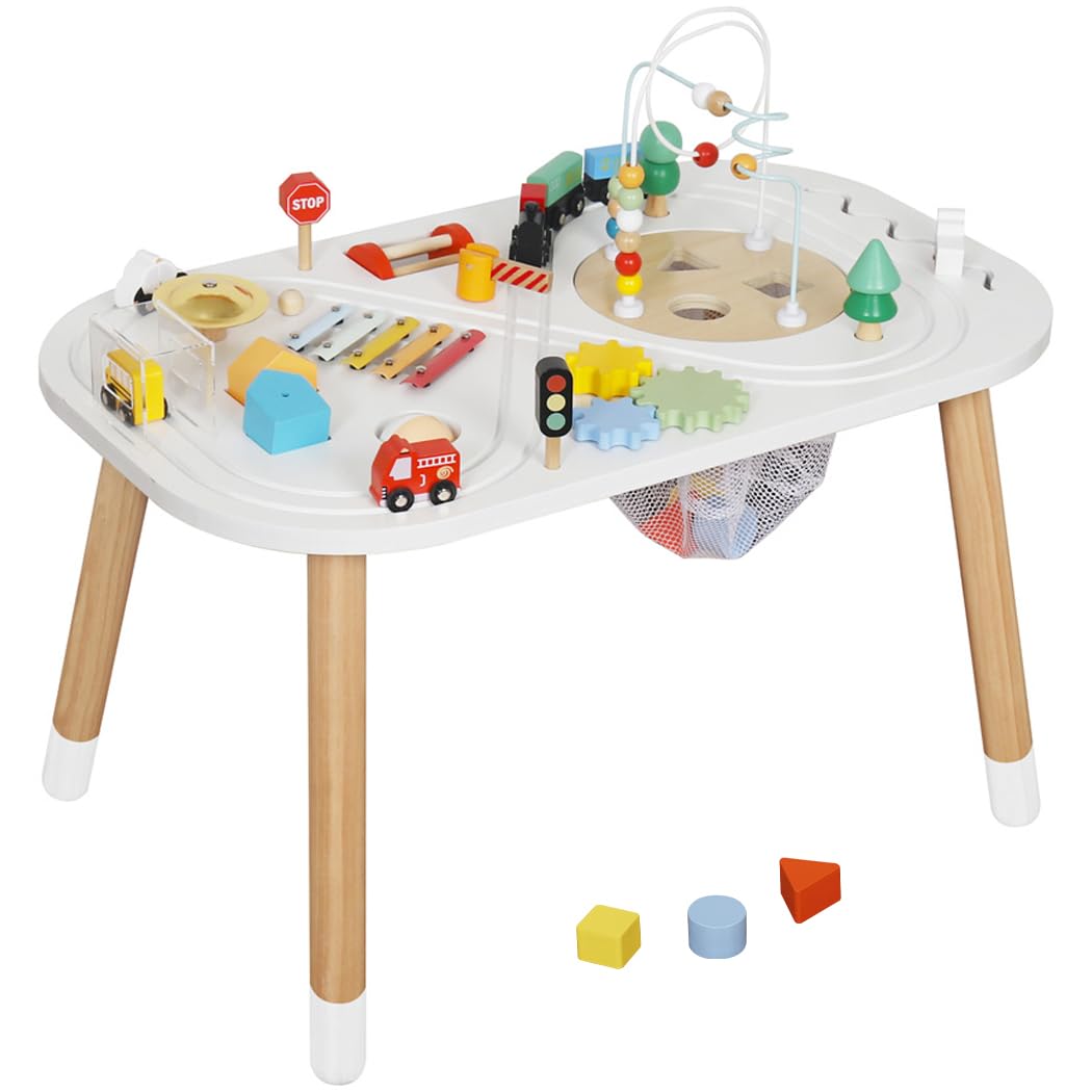 touch us Baby Activity Cubes for Kids,Toddler Activity Cubes&Activity Center Table with Wooden Bead Mazes,Mini Toy Car,Gears&Blocks|Wooden Desk Play Table as Montessori Toy for 1 Year Old Boy Girl