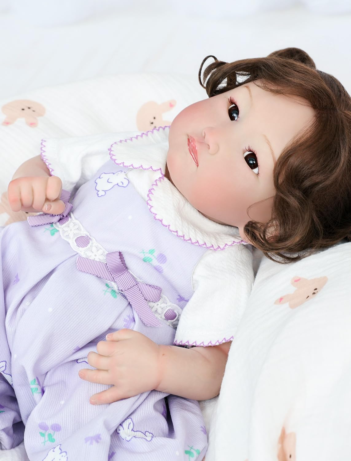 Cloveray Reborn Baby Dolls, 18 Inch Large Realistic Soft Body Asian Baby Doll with Purple Outfit, Brown Glass Eyes, Gift for Girls Ages 3+, Comforting Companion, Pretend Play, Collectible