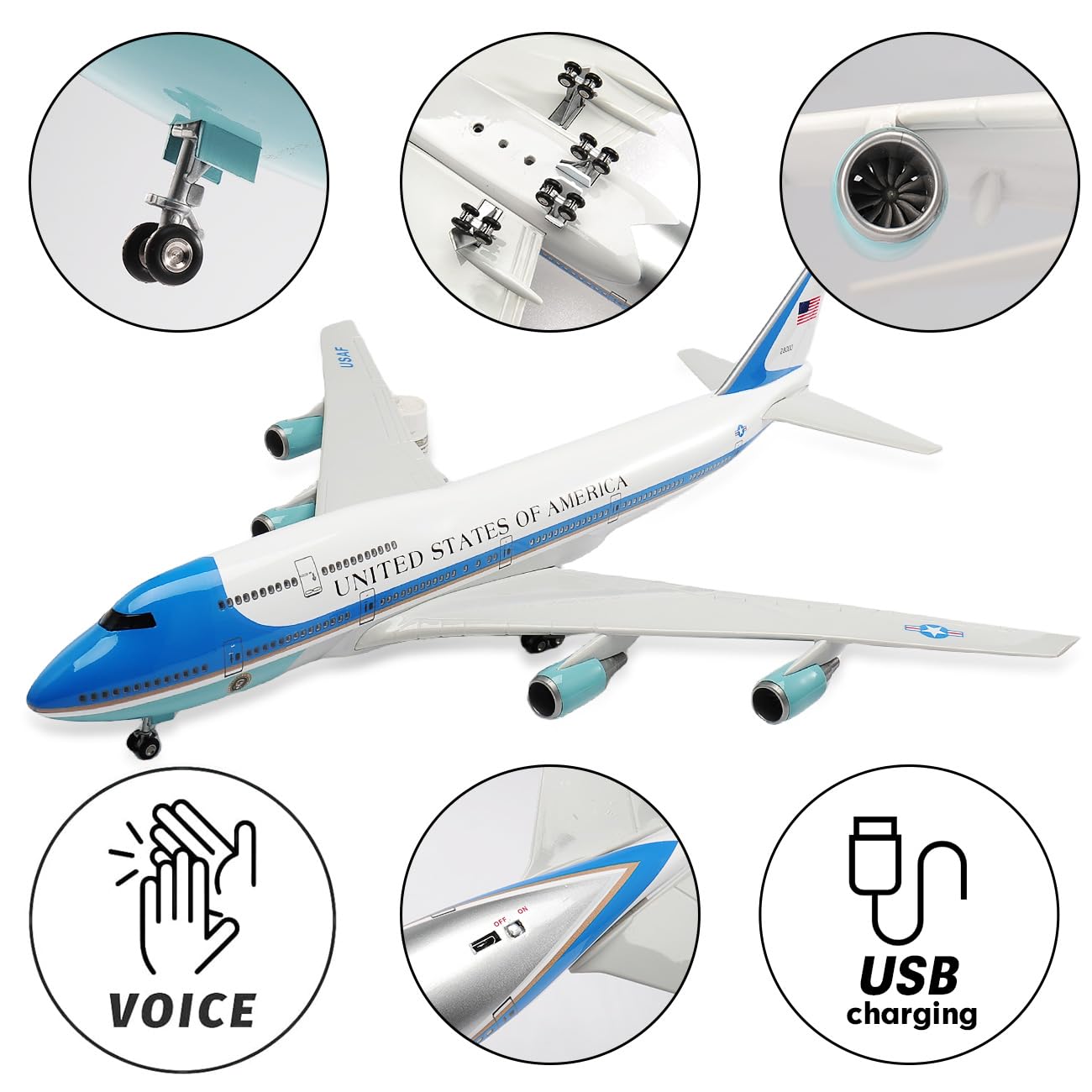 1/150 Scale Diecast Boeing 747 Airplane - US Airlines Air Force Model with Landing Gear, Voice Control, Cabin Light