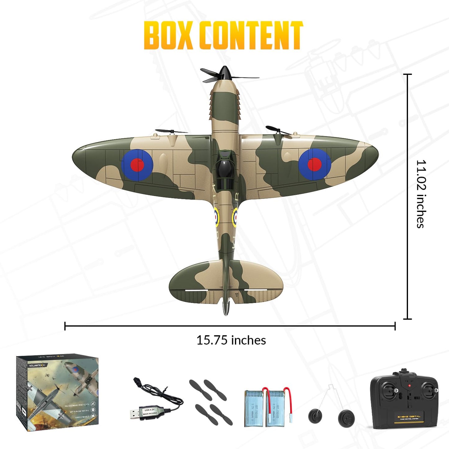 volantexrc RC Plane 3 Channel Remote Control Plane Fighter Spitfire with 6-axis Gyro, 2.4GHz RTF Radio Controlled Aircraft Easy to Fly for Beginners Adults (76205 RTF)