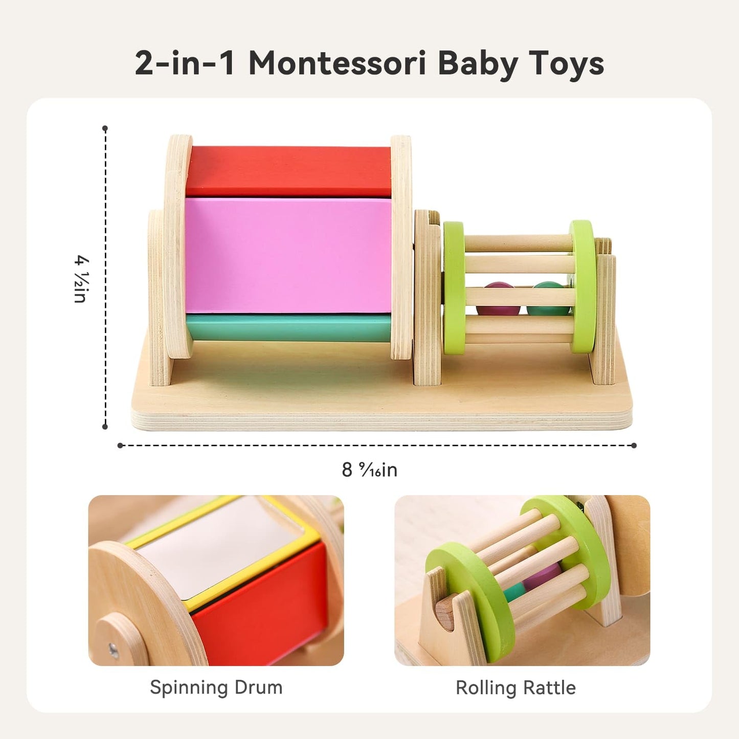 IEATFO 2-in-1 Montessori Baby Toys | Wooden Spinning Drum & Rolling Rattle Combo for 3 6 12 Months | Sensory Development Toys with Mirror, Bells & Tummy Time Play | ASTM Certified Gift (Girl/Boy)