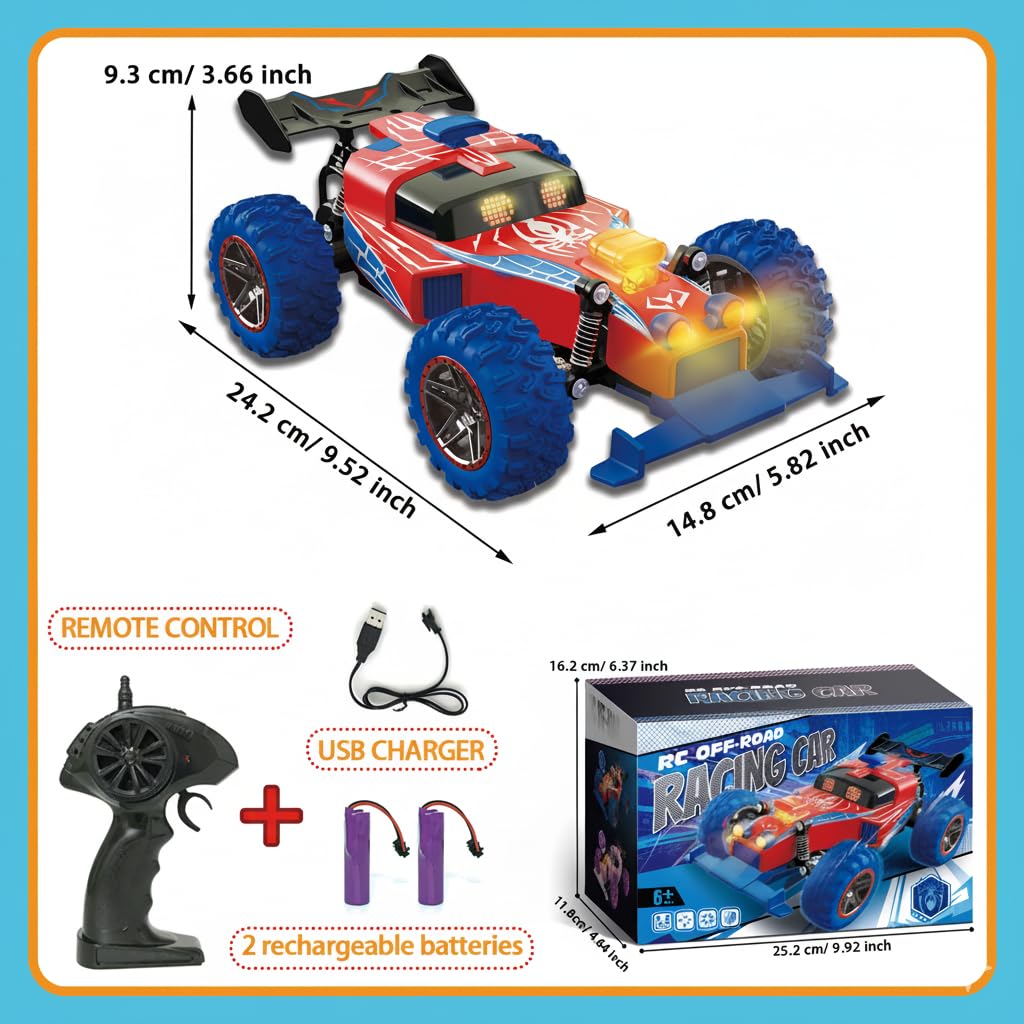 IPLAYBLOOM 2.4 GHz Remote Control Off-Road Racing Car,RC Cars Toys with Two Rechargeable Batteries and USB Charging, 1:16 Electric Vehicle Gifts for Kids Girls Boys
