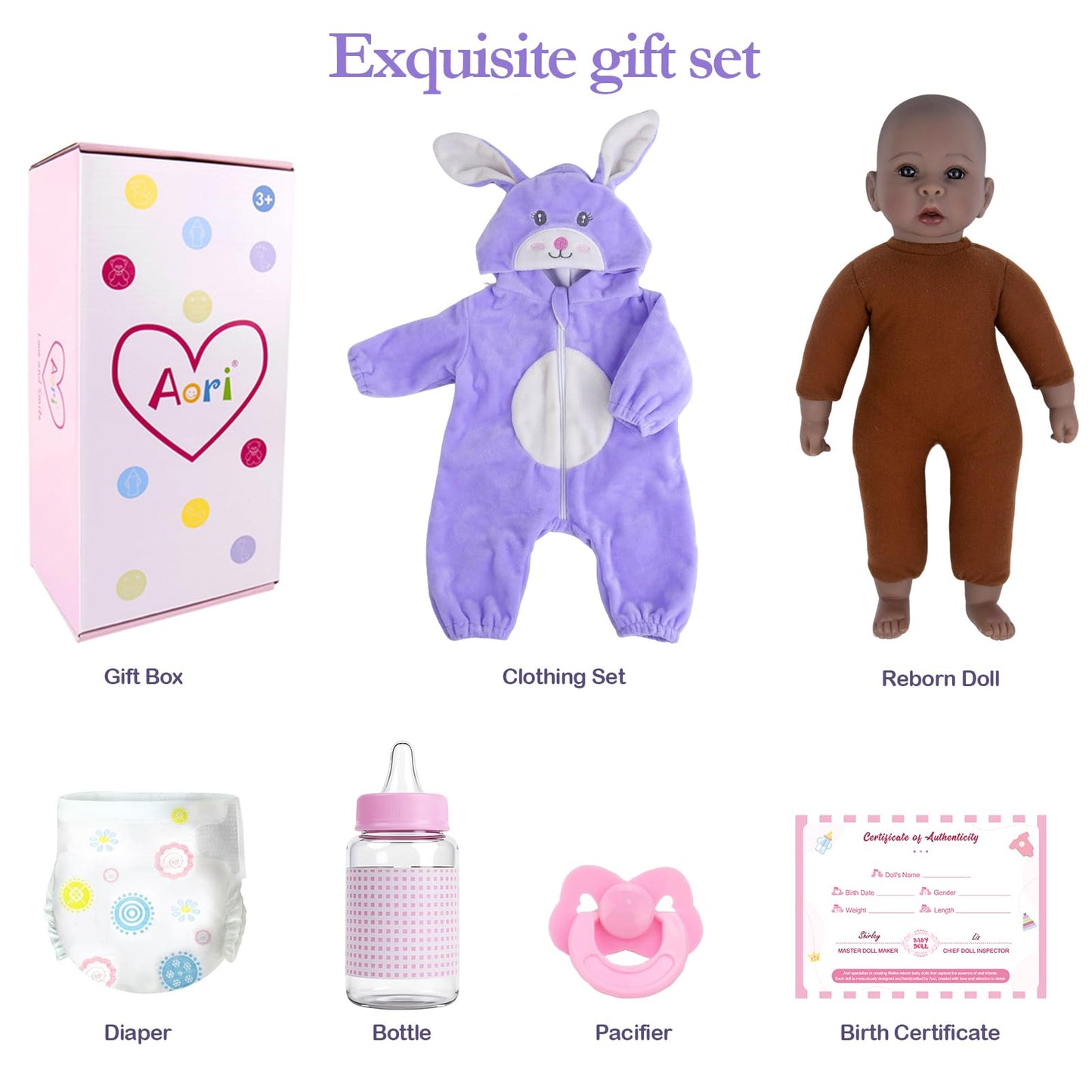 Aori Black Baby Dolls Realistic,17-inch Lifelike Soft Body Baby Girl That Look Real with Feeding Kit Included, Ideal Gift for Kids, Birthday, Pretend Play
