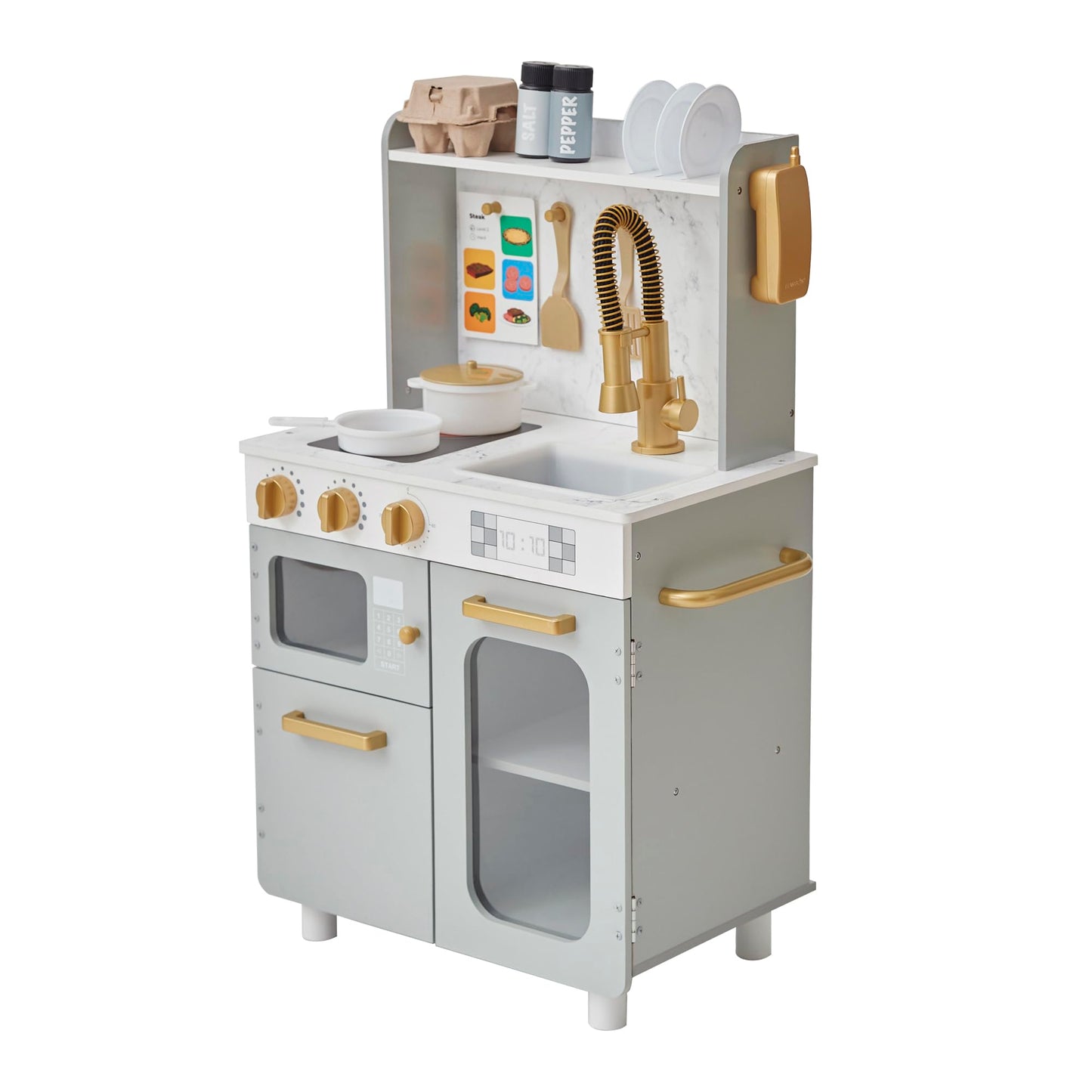 Teamson Kids Little Chef Memphis Wooden Play Kitchen for Toddlers with 16 Accessories, Realistic Pretend Cooking Set with Microwave Oven Sink Faucet Storage for Kids Ages 3+ Gray Gold Marble