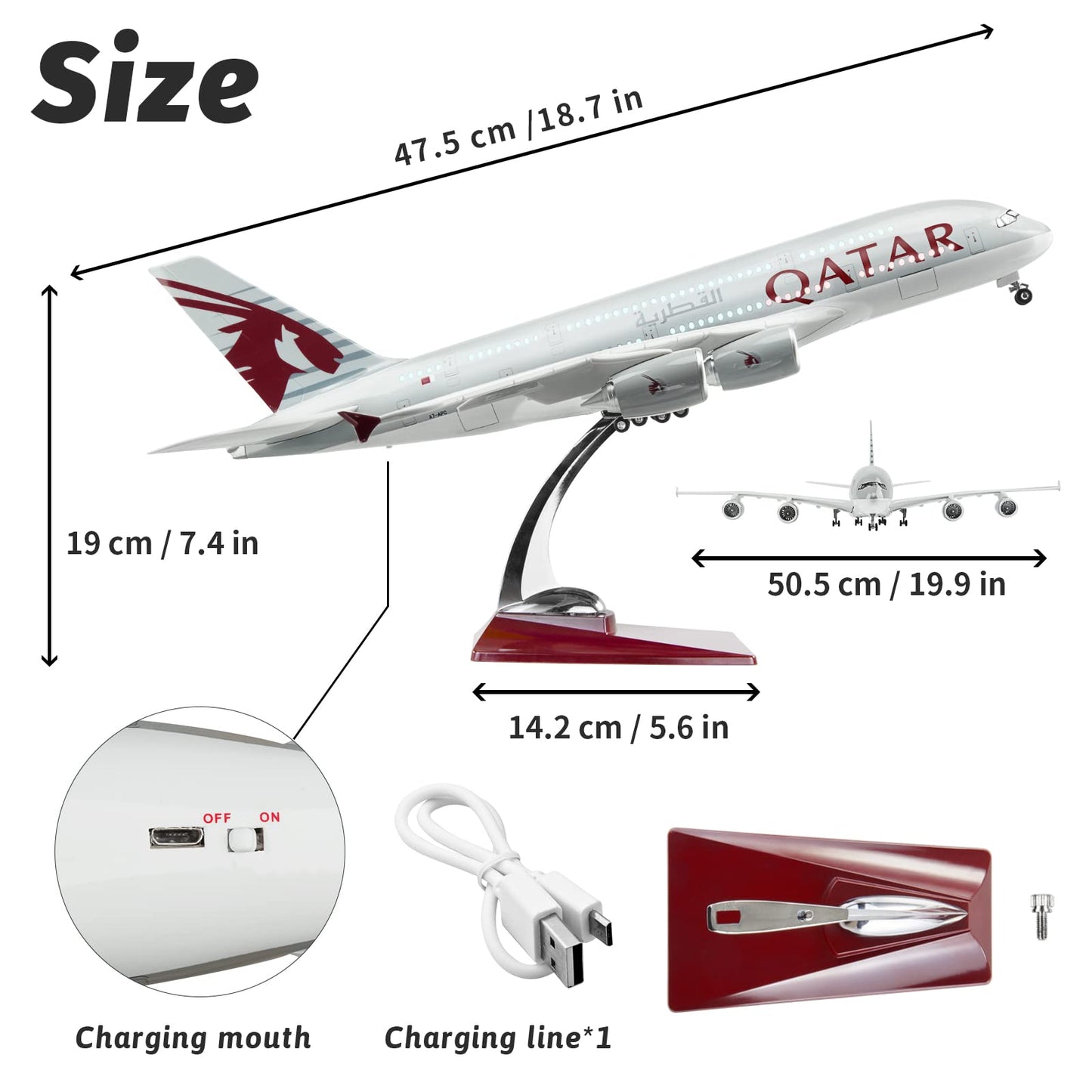 Lose Fun Park 1:160 Scale Large Model Airplane Qatar A380 Plane Models Diecast Airplanes with LED Light for Collection or Gift