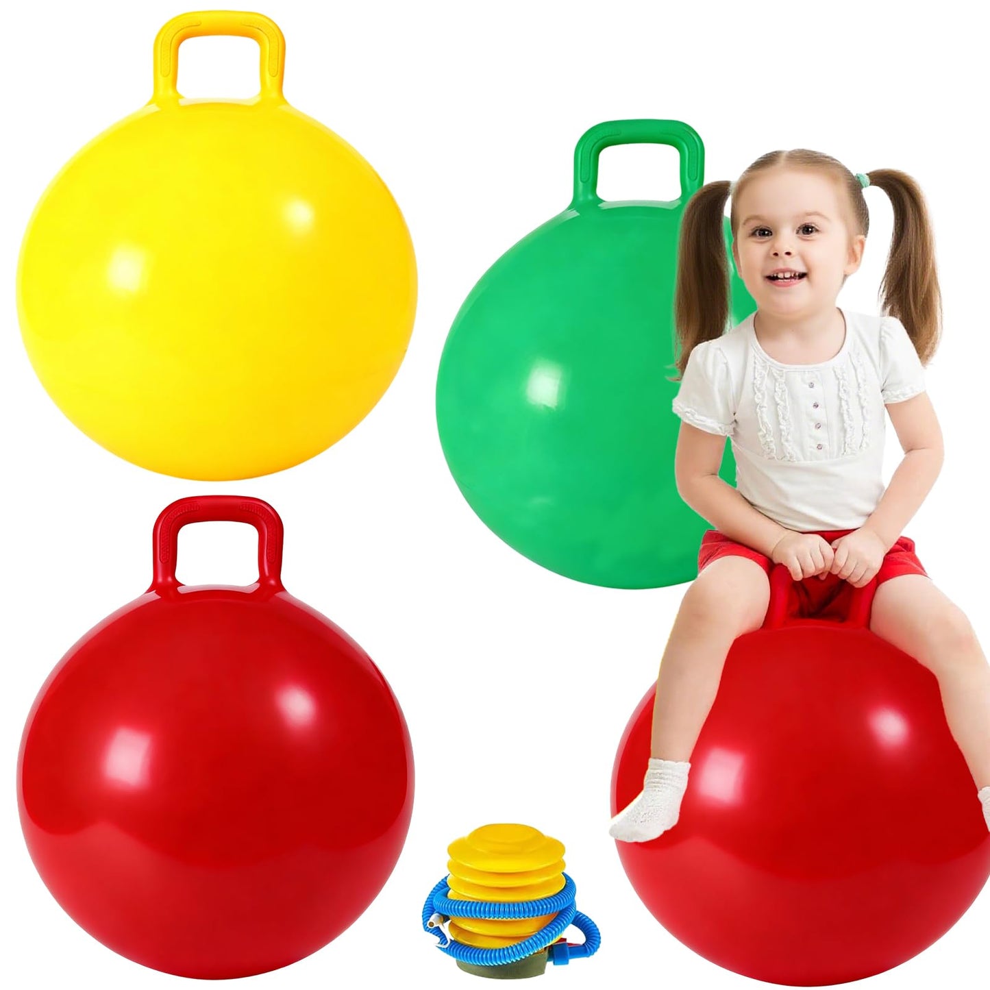 3P Bouncy Balls with Handle, 18in/45cm Sit And Spin Hopper Ball for Kids,Inflatable Jumping Ball Toy with Pump,Indoor Outdoor Fun Toys for Kids Ages 3-8,Great Gift for Birthday (Bouncy Ball-45cm)