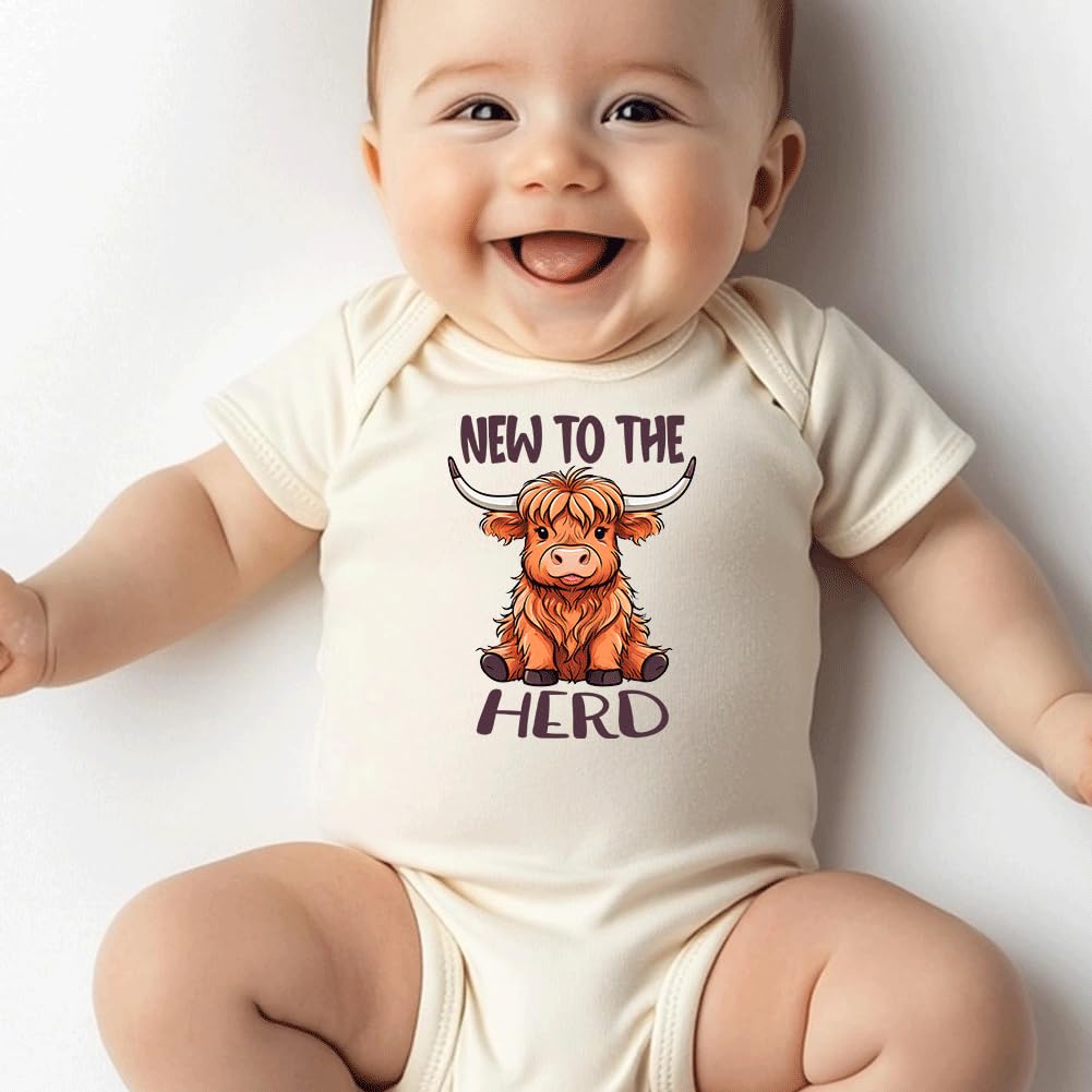 hrcfbk Western Baby Boy Girl Clothes Summer Newborn New to the Herd Cowgirl Short Sleeve Romper Infant Highland Cow Bodysuit (Beige New to the Herd,0-3 Months)