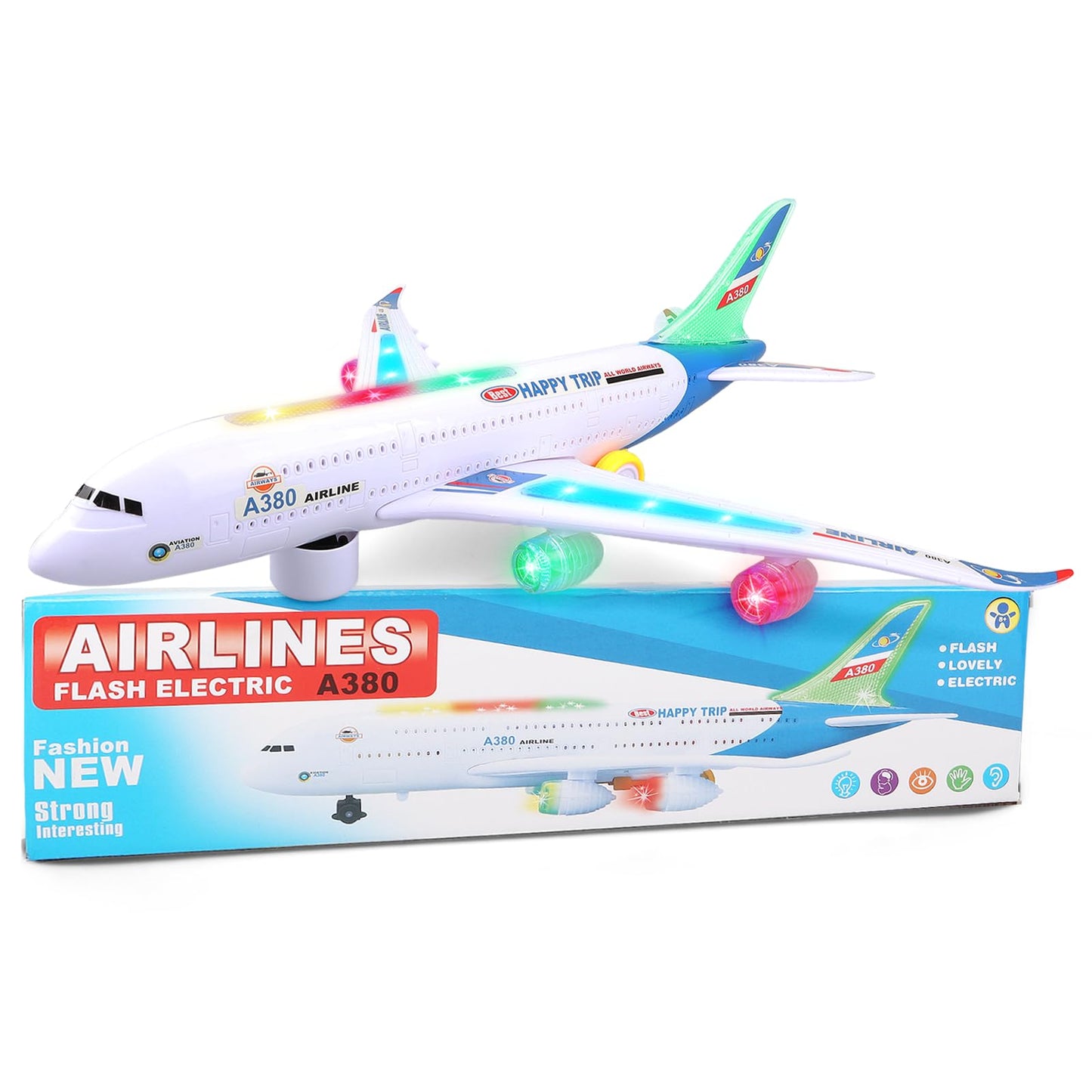 AtomDream Tech Bump and Go Airplane Toy โ Realistic Airplane Model with 4D Lights & Sound โ Moving Plane Toy for Kids Ages 3-12 โ Automatic Direction Change on Collision โ Great Gift for Kids(Blue)