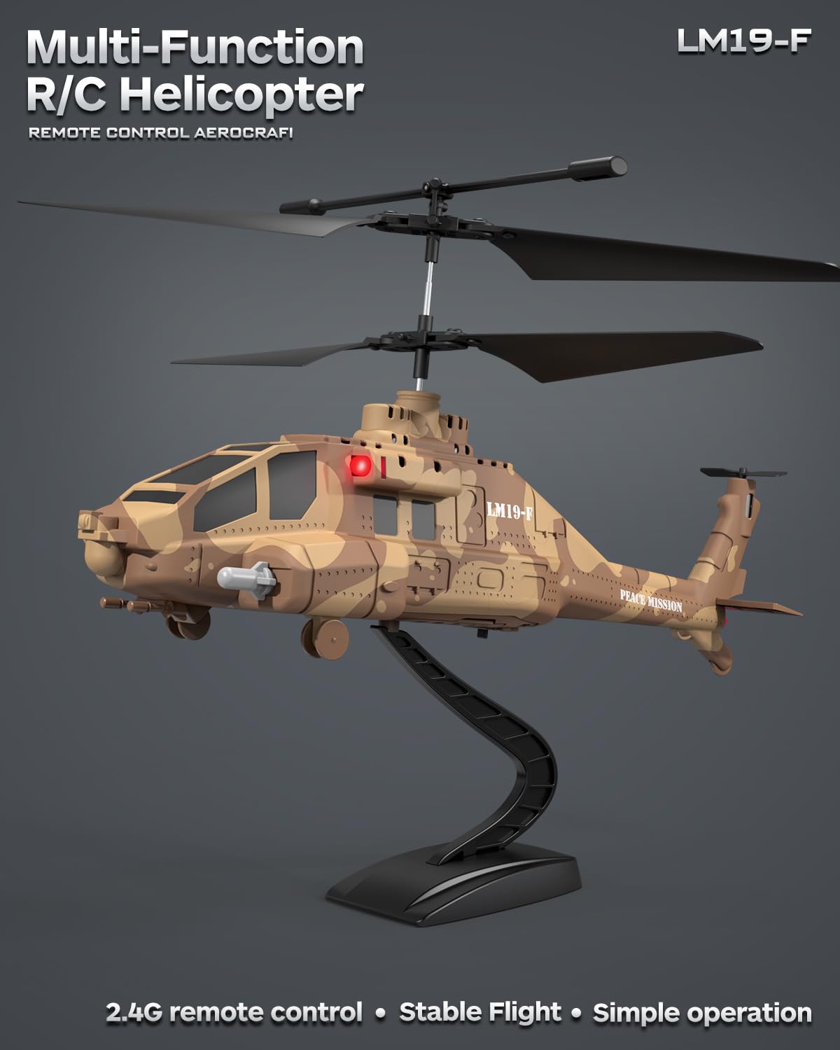 LMRC RC Helicopter with Missiles, 2.4GHz Remote Control Army Helicopter for Beginners & Adults, Military Helicopter, LED Lights, Altitude Hold, One-Key Take Off, Gift for Military Fans (Brown)