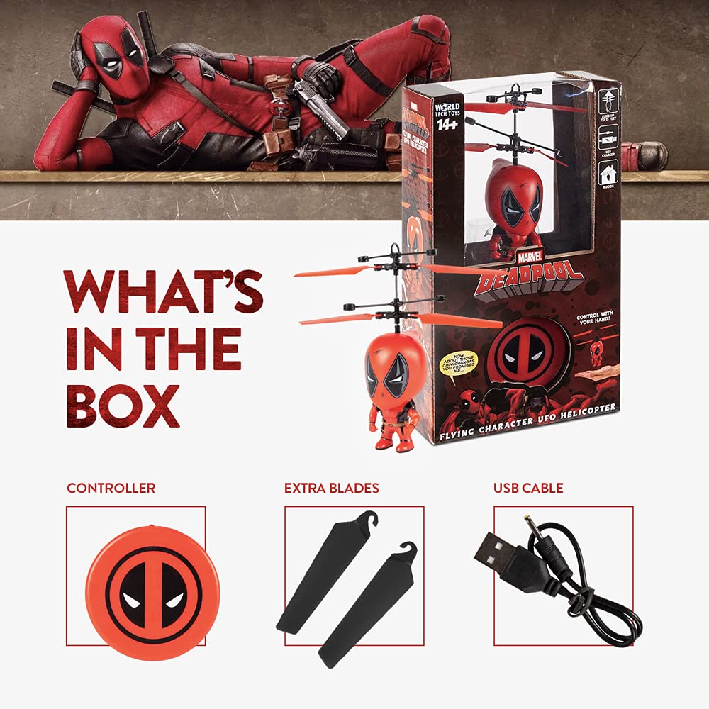 World Tech Toys Marvel Deadpool 3.5Inch Big Head Helicopter Toy – Motion-Sensored Flying Toy for Kids - Officially Licensed – Ages 6+