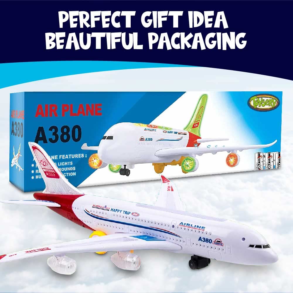 Toysery Airplane Toys for Kids, Bump and Go Action, Toddler Toy Plane with LED Flashing Lights and Sounds. Ideal for Boys & Girls 3-12 Years Old (Airbus A380)