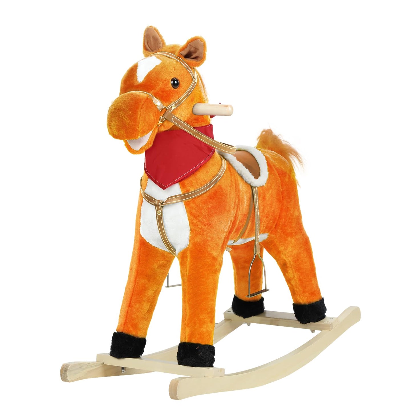 JENPECH Rocking Horse Toy for Kids Plush Ride on Animal with Wooden Rockers, Moving Mouth and Wagging Tail, Musical Sounds, Baby Rocking Chair, 120kg Weight Capacity, Ages 1-6 Light Brown Middle