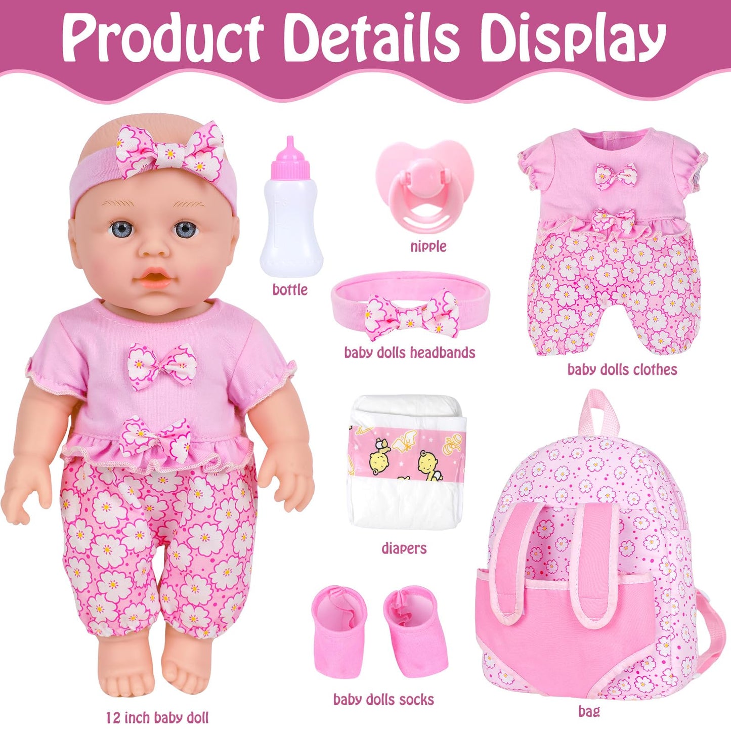 UZIDBTO 12 Inch Baby Dolls with Backpack Carrier Can Store Doll Clothes and Accessories,12" Reborn Baby Doll Set in Gift Box with Feeding Bottle Nipple Diaper for Kids Toddler Age 3+