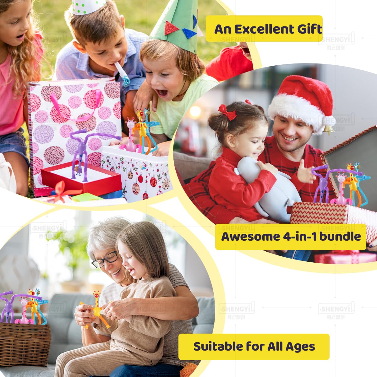 YUE MOTION Telescopic Suction Cup Giraffe Toy - Shape-Changing Animal Fidget Toy with Stretchy Pop Tubes - Promotes Creative Thinking, Hand-Eye Coordination, Motor Skills - Sensory Toys for Kids