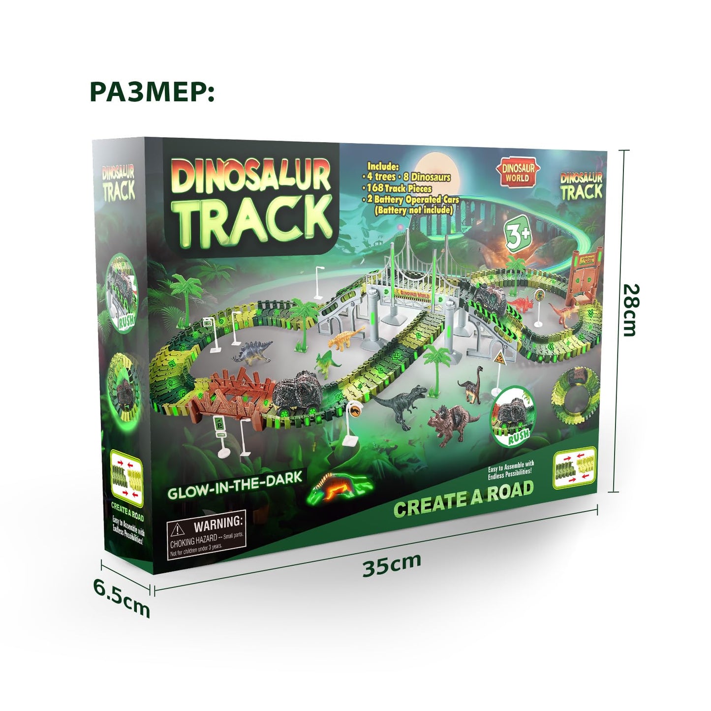 268 PCS Race Tracks Dinosaur Toys for Kids 3-5, Glow in The Dark Magic Toy Set, 2 Dinosaur Cars Track, Flexible DIY Track Set, Birthday Gift for Age 3-9 Boys Toddler Girls
