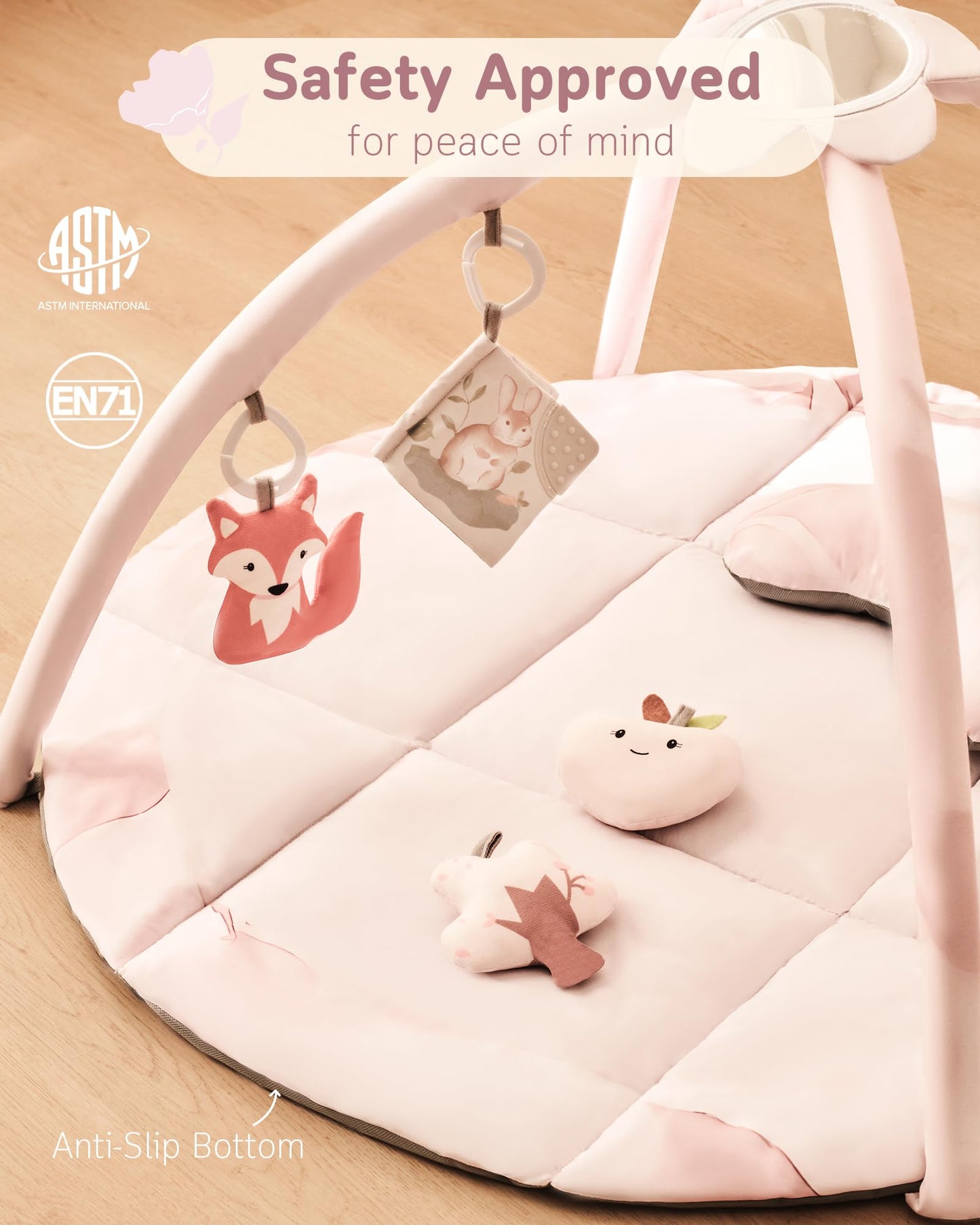 Fortella Baby Play Gym & Activity Mat, Machine Washable & Foldable Tummy Time Mat with 5 Detachable Toys, Certified Safe Newborn Essentials Gift for Baby Registry 0-12 Months (Rose Pink)