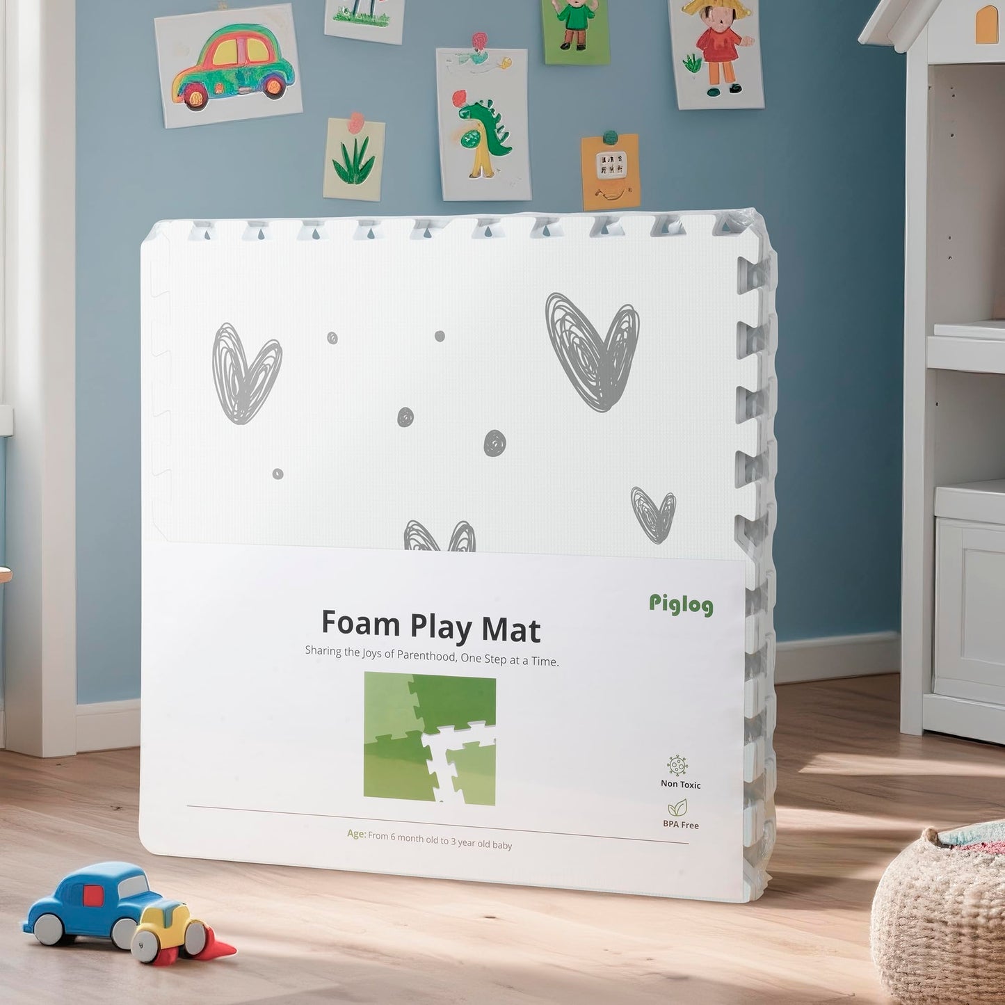PIGLOG XL Baby Play Mat-72”x 48” Puzzle Play Mat,with 6 Foam Floor Tiles,Waterproof,Interlocking Foam Baby Mat for Babies&Toddlers,Expandable Tiles with Edges,Tummy Time Mat(Love)