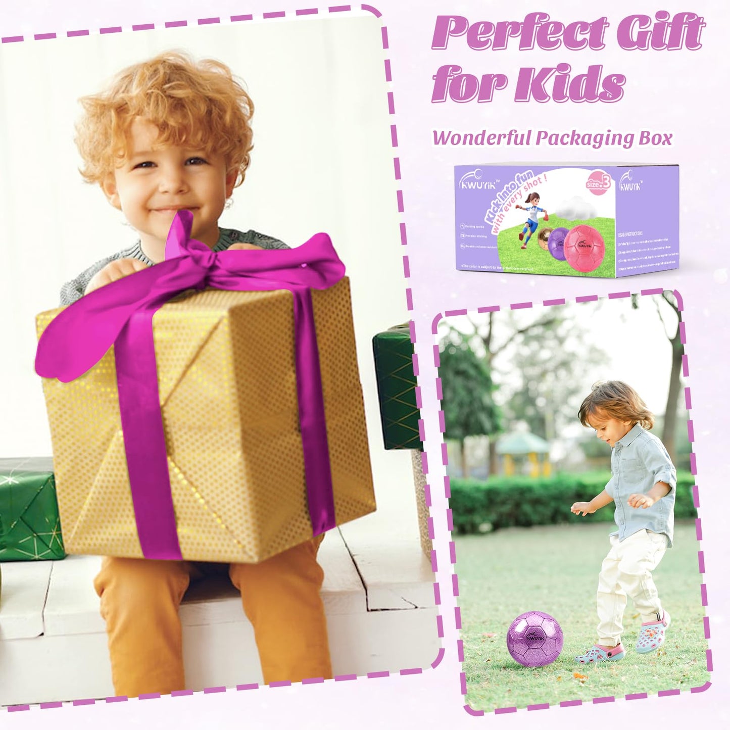 Size 3 4 5 Glitter Pink Gold Purple Soccer Ball Set with Pump Toddler Soccer Ball for Kids Aged 3-6 6-8 8-12 Outdoor Training Ball Youth Practice for Teens Children Boys Girls (Glitter Purple, 3)