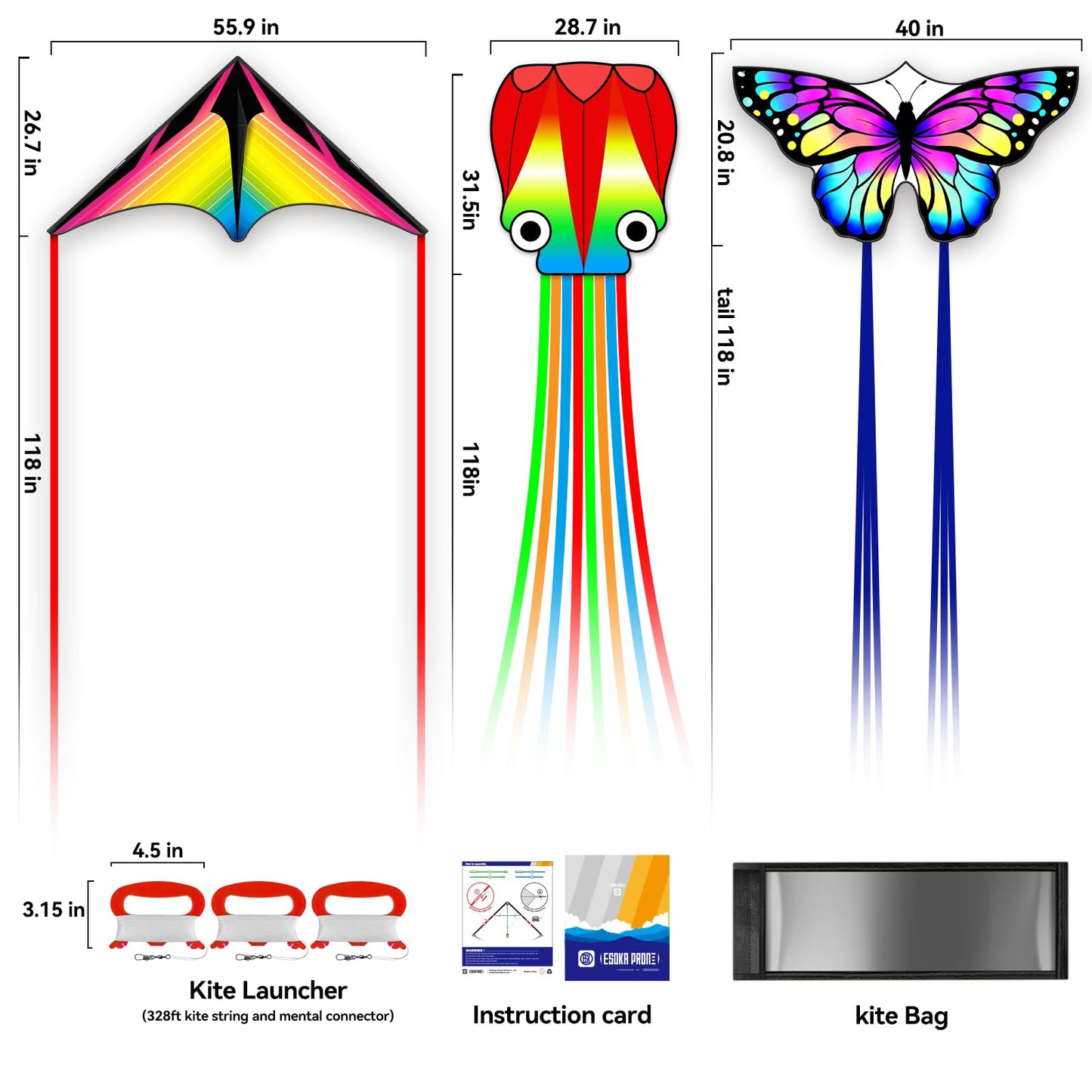 Kites for Adults & Kids Ages 4-8,Beach Kites Easy to Fly for Beginner, with Handle and 328ft Kite String,Best Toy and Gift for Boys & Girls. (QC Grassland, HG Butterfly,QC Octopus, 3)