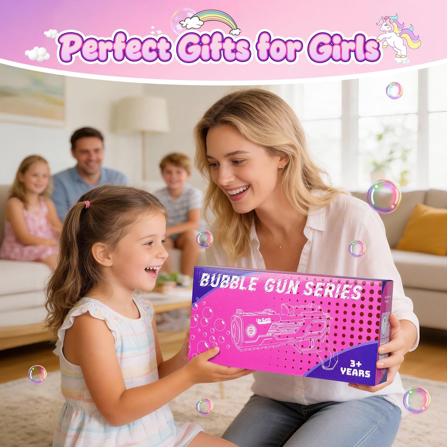 Amiabling Unicorn-Bubble Gun:Unicorn Toys for Girls Age 4-6, Outdoor Toys for Kids Ages 4-8, 3+ Year Old Girl Gifts, Easter, Summer, Wedding, Party Favors, Halloween, Birthday Gifts
