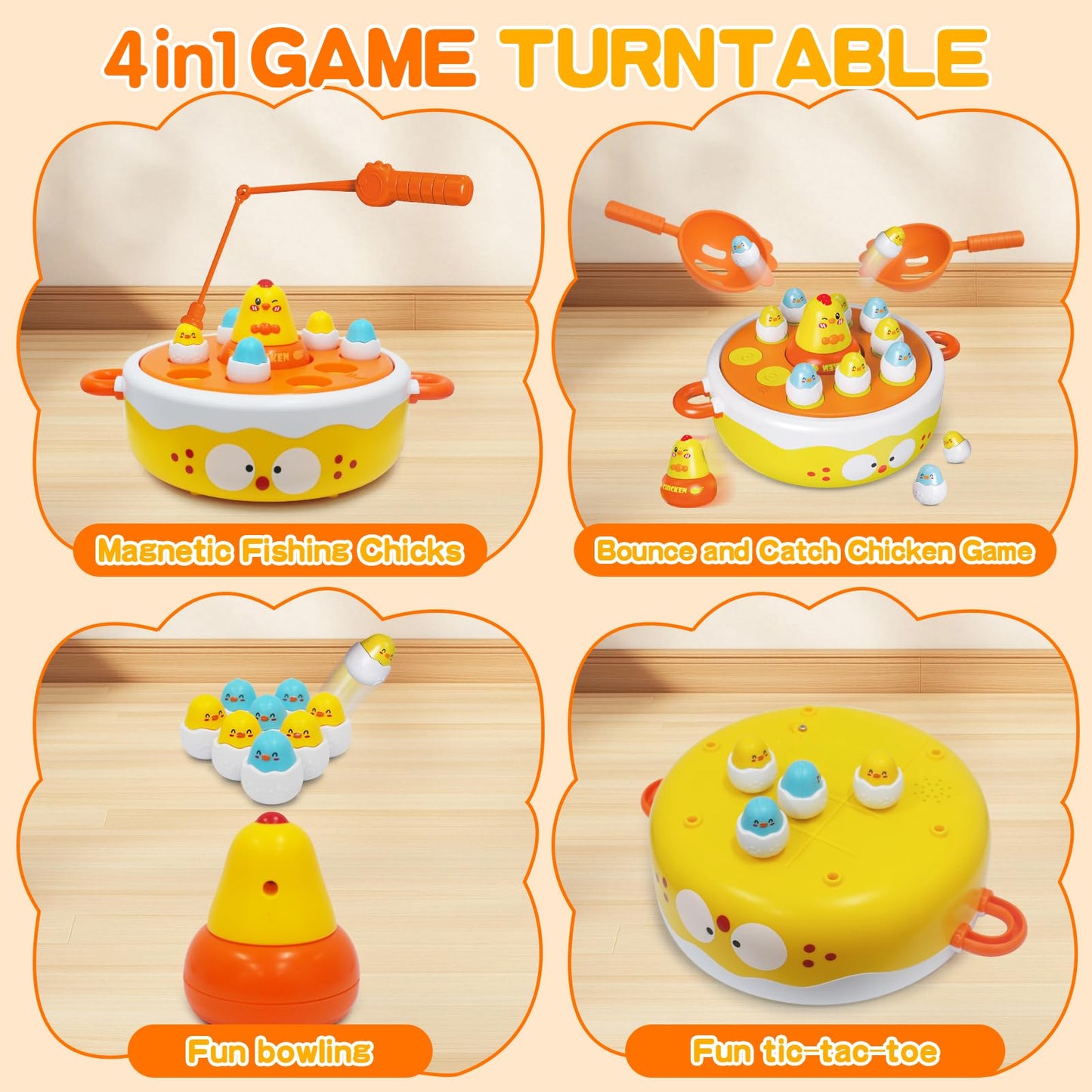 FortiTrust 4 in 1 Toys for Ages 5-7, Bounce and Catch Chicken Games, Rotating Board Games for Kids 4-6, Fishing Game Magnetic,Toddler Toys Bowling, Family Games for Kids and Adults