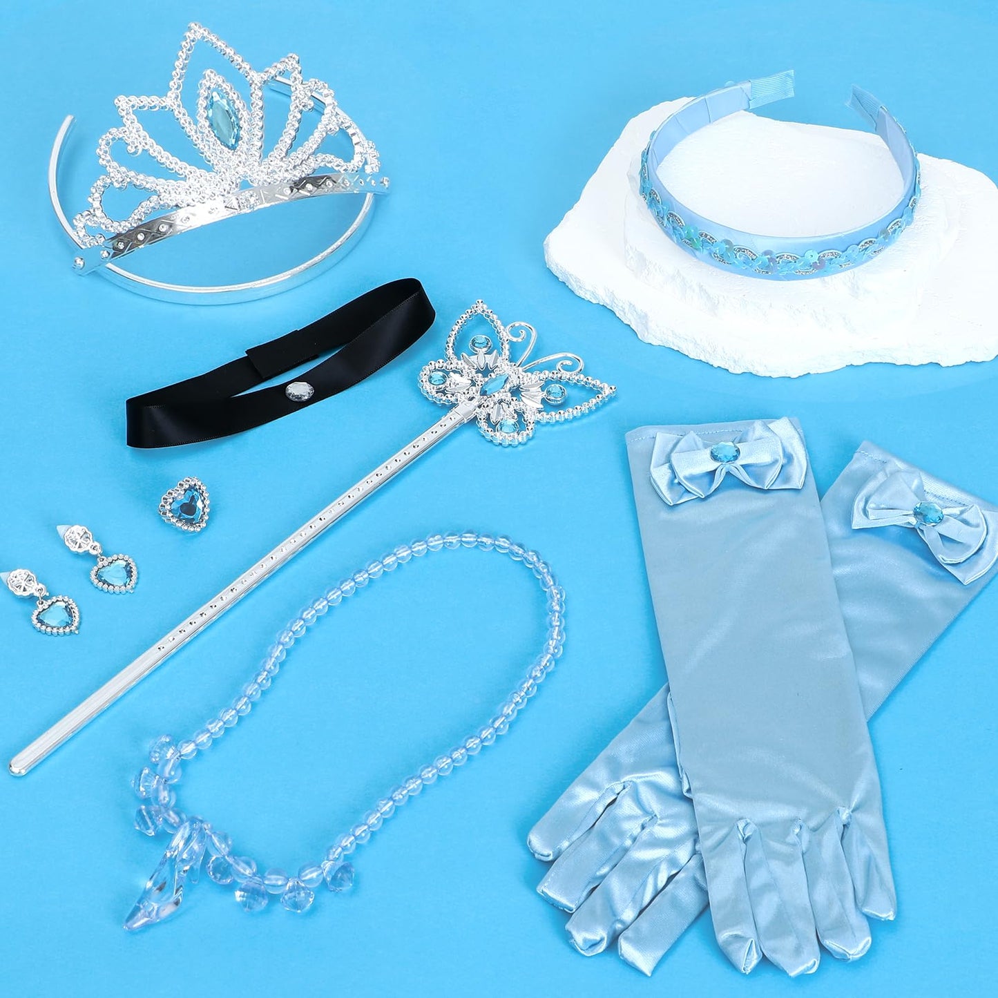 G.C 11PCS Light Up Cinderella Costume Dress for Girls Kids Princess Dress Up Clothes with Crown Wand Earrings Necklace Gloves Toys Accessories Halloween Cosplay Outfit for Little Girls Toddlers