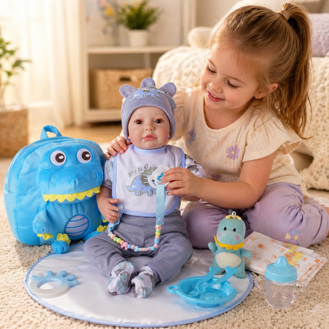 BABESIDE Baby Doll Accessories for 17-22 Inch Dolls – 18 Piecs Dinosaur Reborn Baby Doll Accessories Set with Baby Doll Clothes, Backpack, Feeding Set, Birthday Gift for Boys & Girls,No Doll