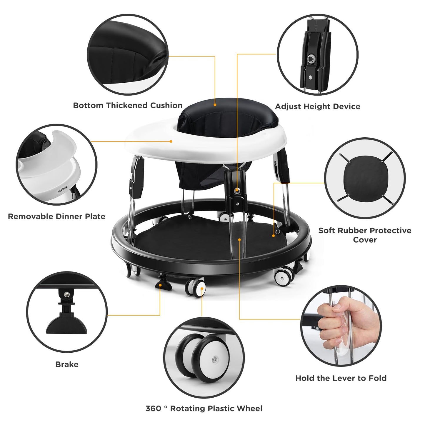 Wnttmt Baby Walker with Wheels, One-Touch Folding Baby Walkers with Height Adjustment, Large Dinner Plate and Brake, Walker for Baby Boy Girls 6-18 Months, Black