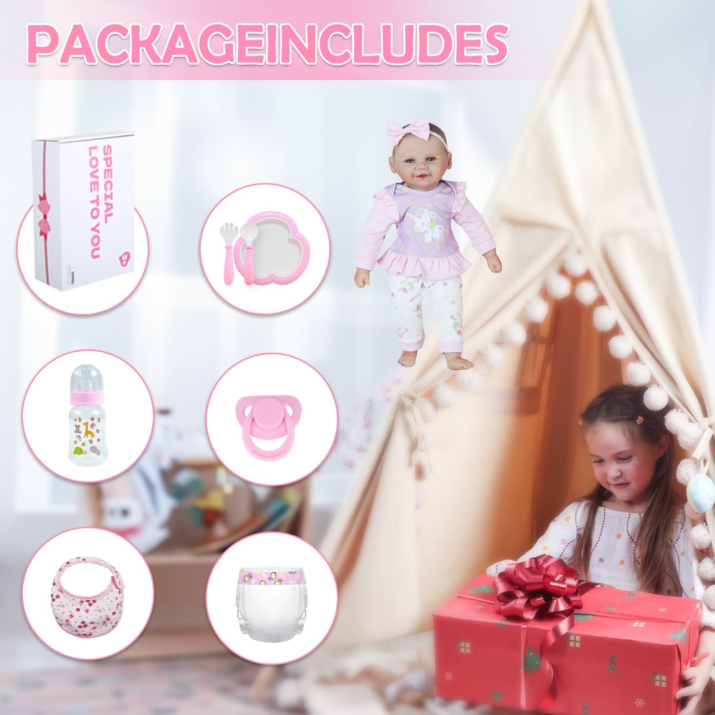 KSBD Baby Doll 17 Inch Large Realistic Soft Body Baby Doll with Accessories, Real Life Reborn Doll for Girls, Bottle, Pacifier, Diapers & Bibs, Gift for Ages 3+