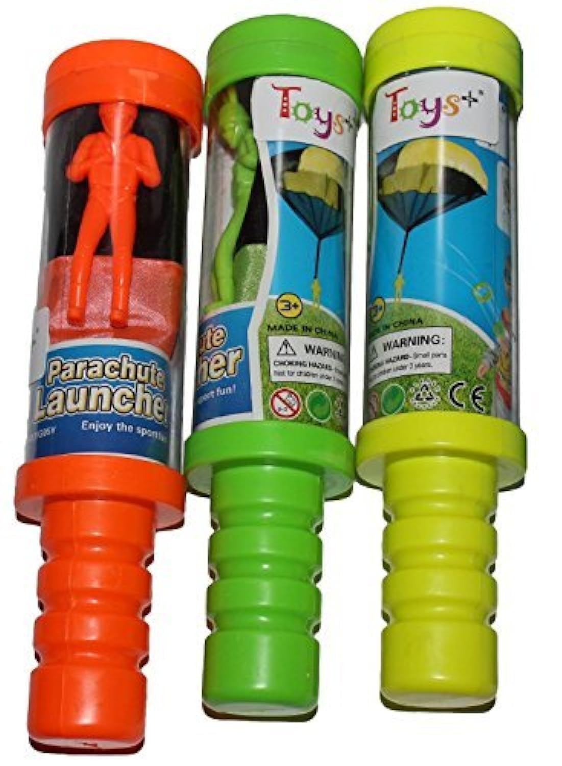 Toys+ Skydiver Parachute Men 3 Piece Set- Tangle Free with Launcher containers (Colors and Styles May Vary)