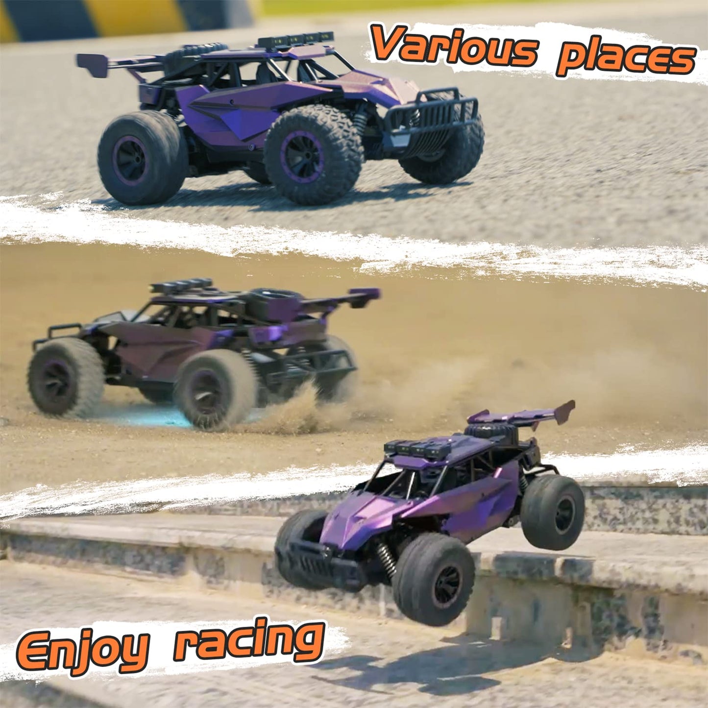 LARVEY 1:16 Scale Purple Remote Control Car, 20 Km/h High Speed Girls Remote Control Car Monster Vehicle with LED Headlights and Chassis Lights, RC Truck for Girls Boys and Adults