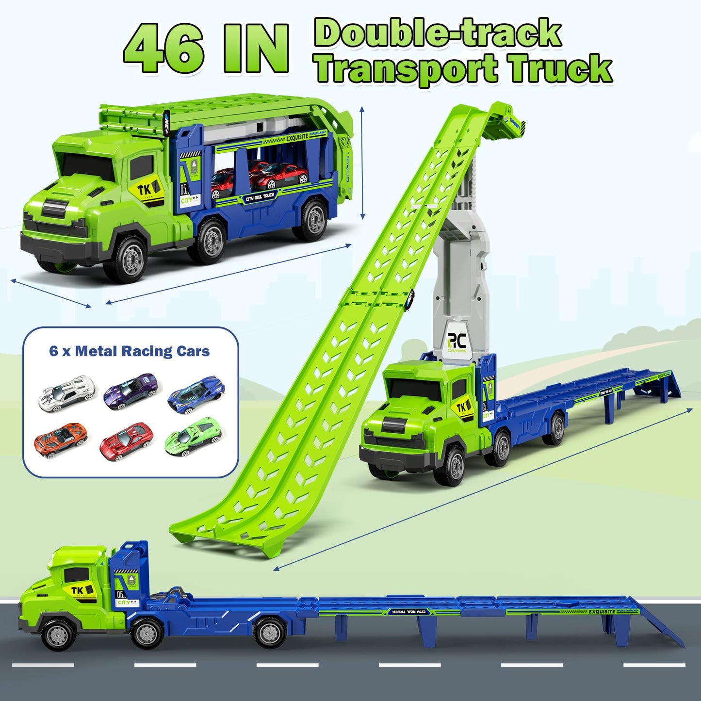 Kids Toys for 3 4 5 6 7 8 Years Old Boys, 3 in 1 Carrier Truck Transport Car Toys, Foldable 2 Track Truck Playset with 25-in Race Track, 6 Metal Toy Cars, Birthday Toy Gift for Toddler Boys Girls
