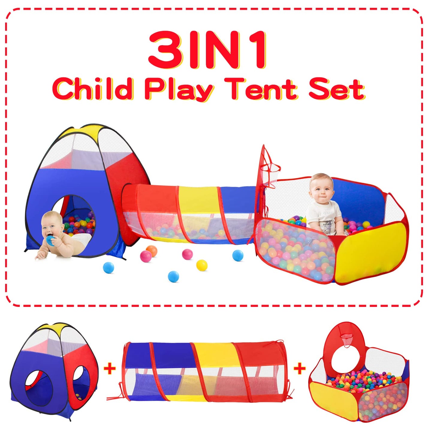 GeerWest 3 in 1 Kids Play Tent for Toddler with Baby Ball Pit and Play Tunnel, Children Indoor Outdoor Playhouse with Climbing Tunnel Toy for Toddlers, Boys and Girls Best Birthday Gifts(No Balls)