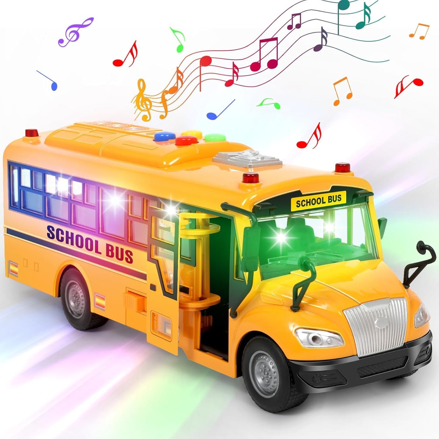 Yellow School Bus Toys for Toddlers With 4 Different Flashing Lights & Sound, Back And Side Doors Open Friction-Powered Wheels Light Up Toy Buses Birthday Gift 3 4 Year Old And Up Girl Boy Toys