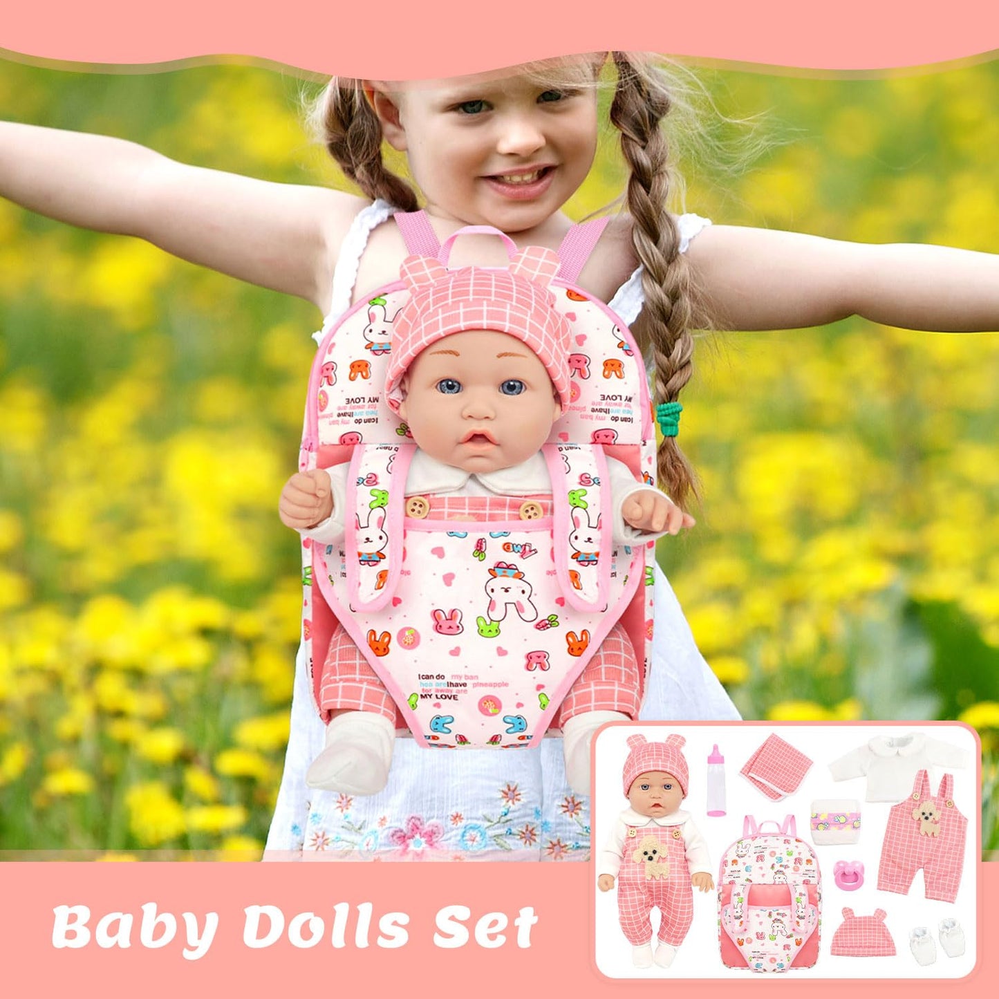 UNICORN ELEMENT 12" Baby Dolls with Backpack Carrier,12 Inch Baby Doll Accessories Cute Hat Pacifier Bottle Diaper Doll Playset for 3+ Year Old Kids