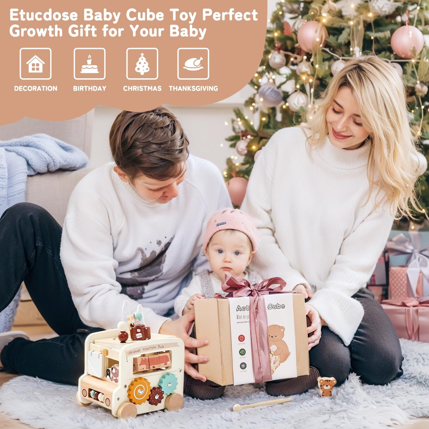 Etucdose Wooden Activity Cube 8-in-1 Montessori Toys | Multifunctional Early Educational Learning Toys | Wooden Toy for Baby Shape Sorter Xylophone Animal Travel Bus Boy Girl Birthday Gift(Beige Bus)