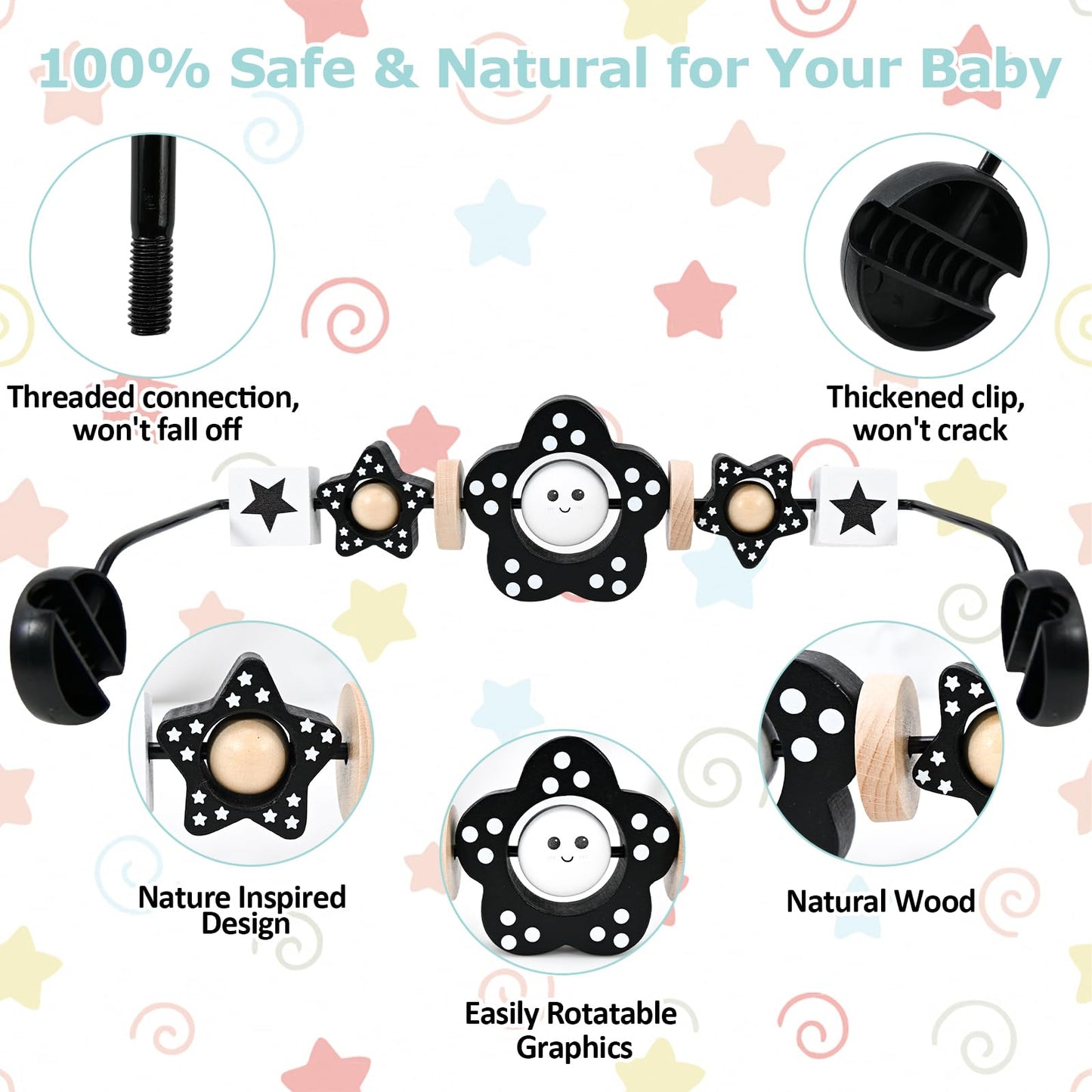 Welgep Wooden Baby Bouncer Toy Bar Attachment, Sensory Toy for Newborn to Toddler Boys Girls, Easy Install & Remove, Baby Bjorn Compatible (Black)