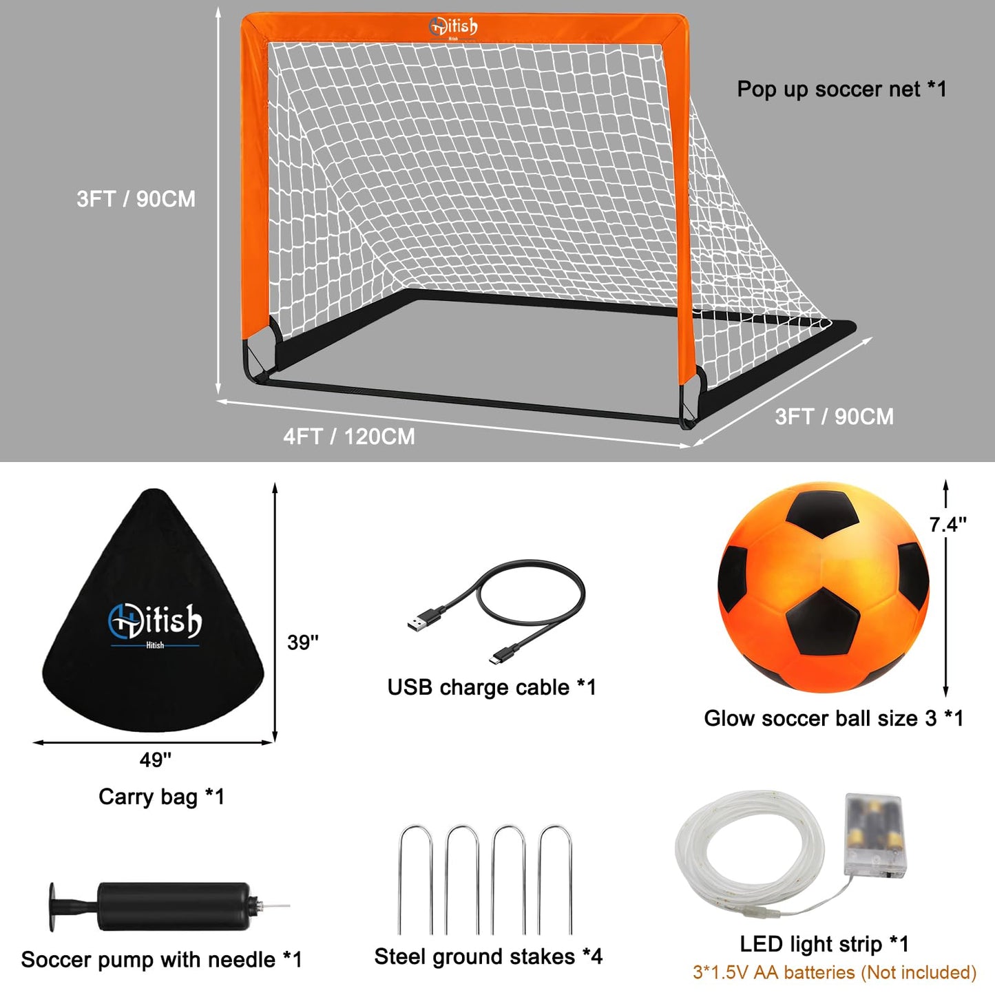 Hitish Kids Soccer Goals Set for Backyard - Portable Pop Up Light Soccer Net for Toddler Age 3-5 6-8 8-10 10-12 and Ball - Youth Target Soccer Games Sports Gift for Outdoor, 4 x3Ft