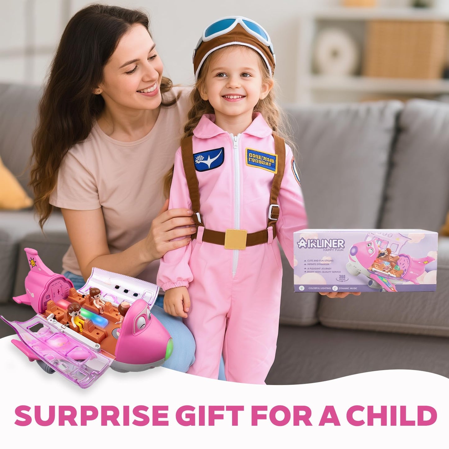victob Pink Airplane for Toddler 1-3-5, Bump and Go Action Toy Airplane with LED Flashing Lights & Sounds, Birthday Gifts for Boys Girls Ages 4-8 Year Olds (Pink)