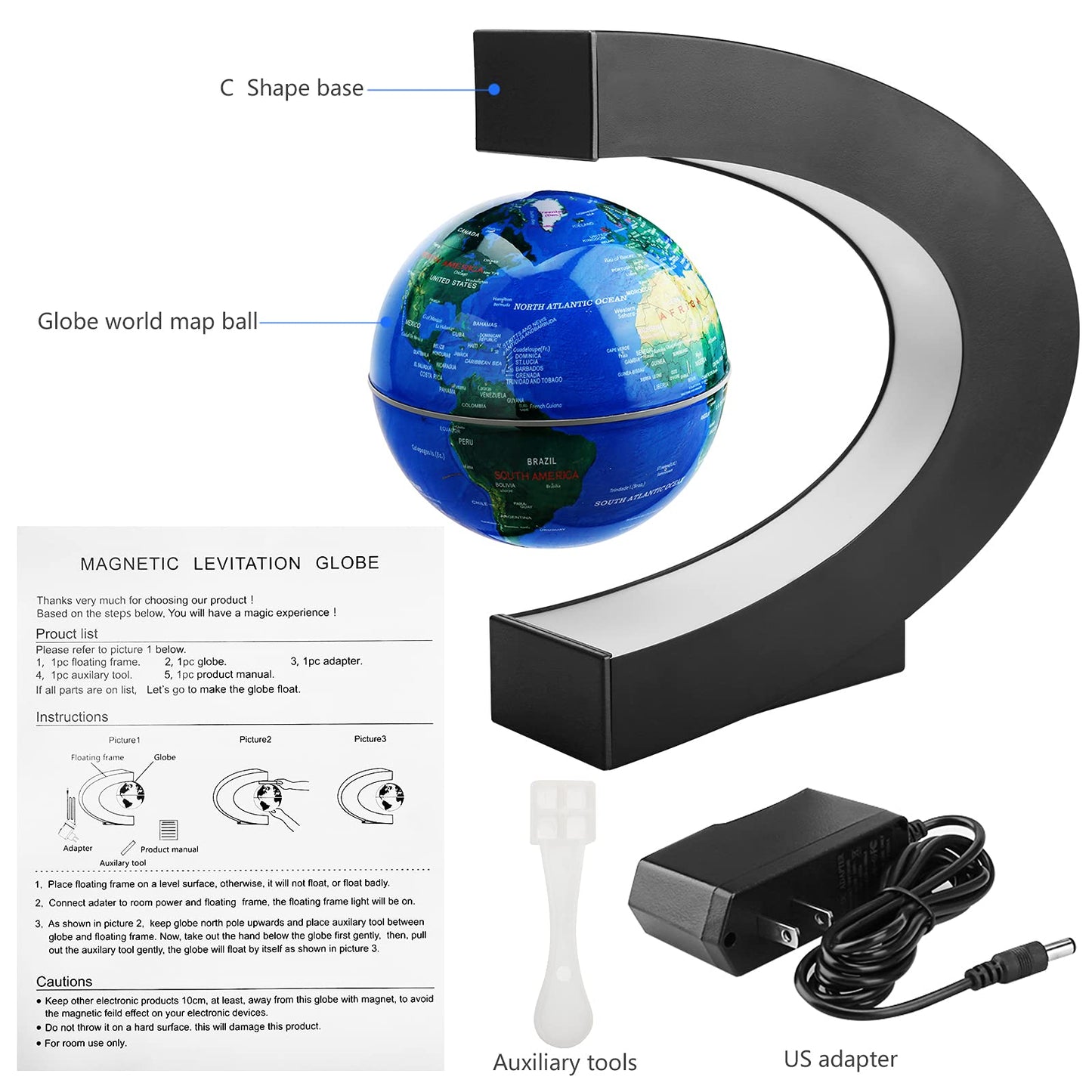 REHAVE Novelty Gifts for Kids, Boys, Girls, Birthday Gift for Men, Gifts for Boss, Boyfriend, Graduation Gift for Him, Magnetic Levitation Floating World Map Globe with C Shape Base, With LED Lights