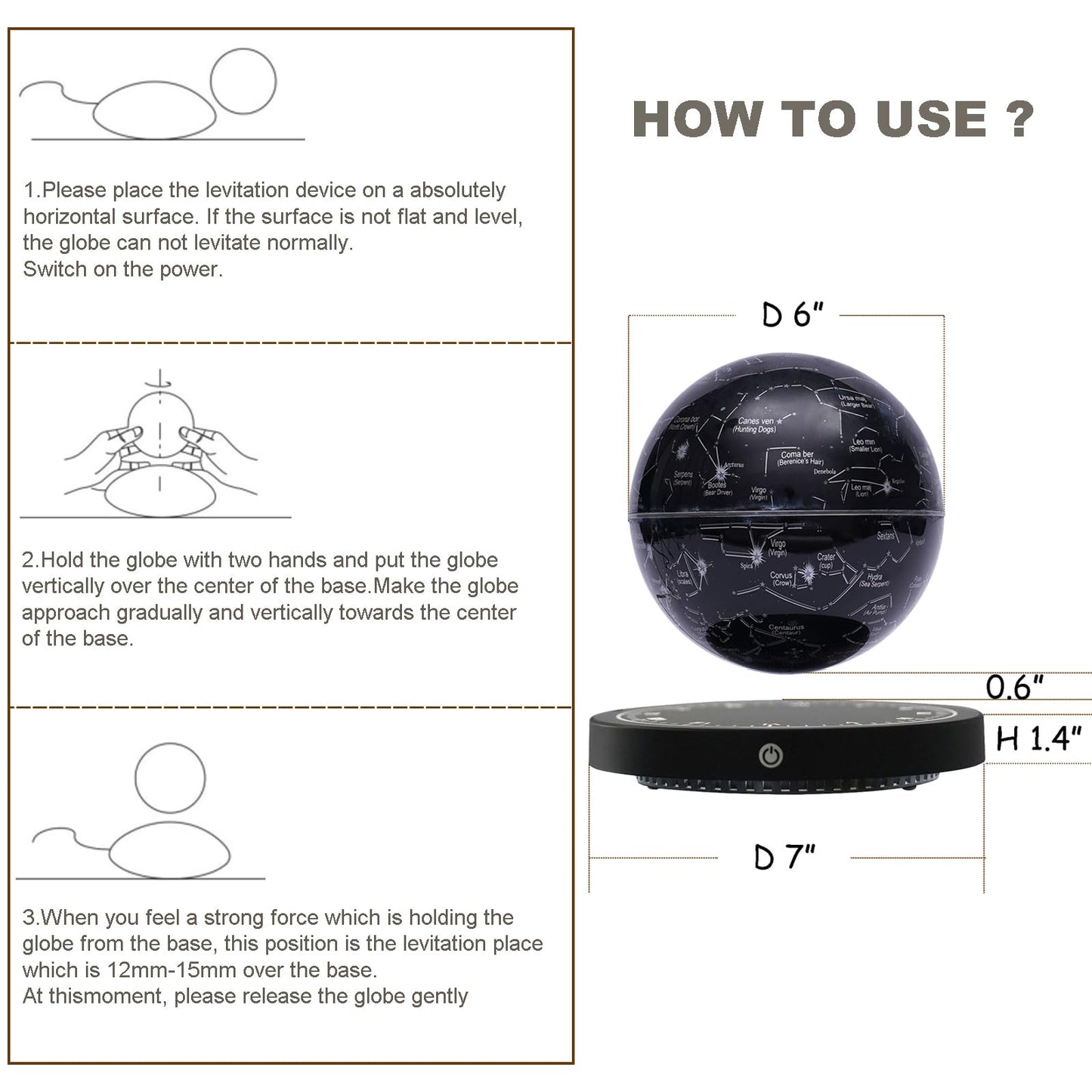 WUPYI Levitating Globe Magnetic Floating Globe Night Light Constellation Ball with LED Light Display Cool Tech Children Educational Gift Home Office Desk Decor (Black-Clock Base)