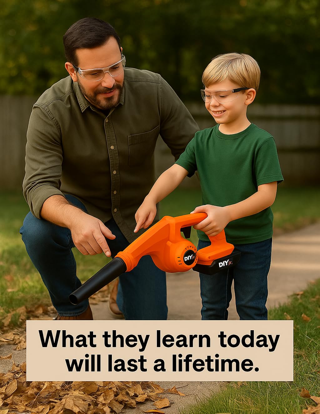 Mentor Me Cordless Leaf Blower for Kids - Real Working Youth Sized Blower with Safety Glasses - Parent-Led Learning Yard Tool - Durable Family Training Equipment, Adult Handling Required
