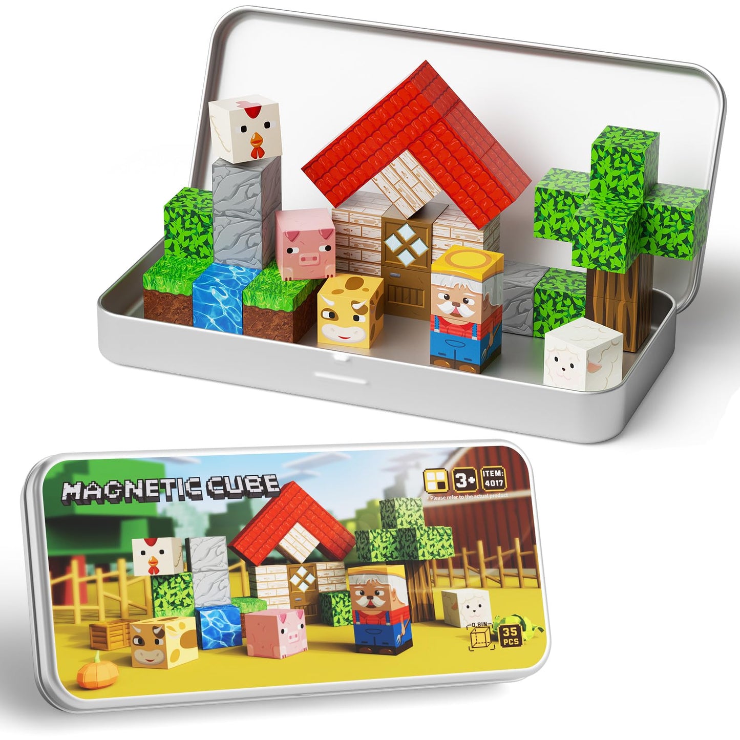 JSDKFJSA Mini Magnetic Blocks Farm Animals - 35 PCS Travel Magnet Building Blocks for Toddlers - STEM Educational Magnet Toys with Portable Iron Box for Kids Ages 3-8 Years Old Boys & Girls