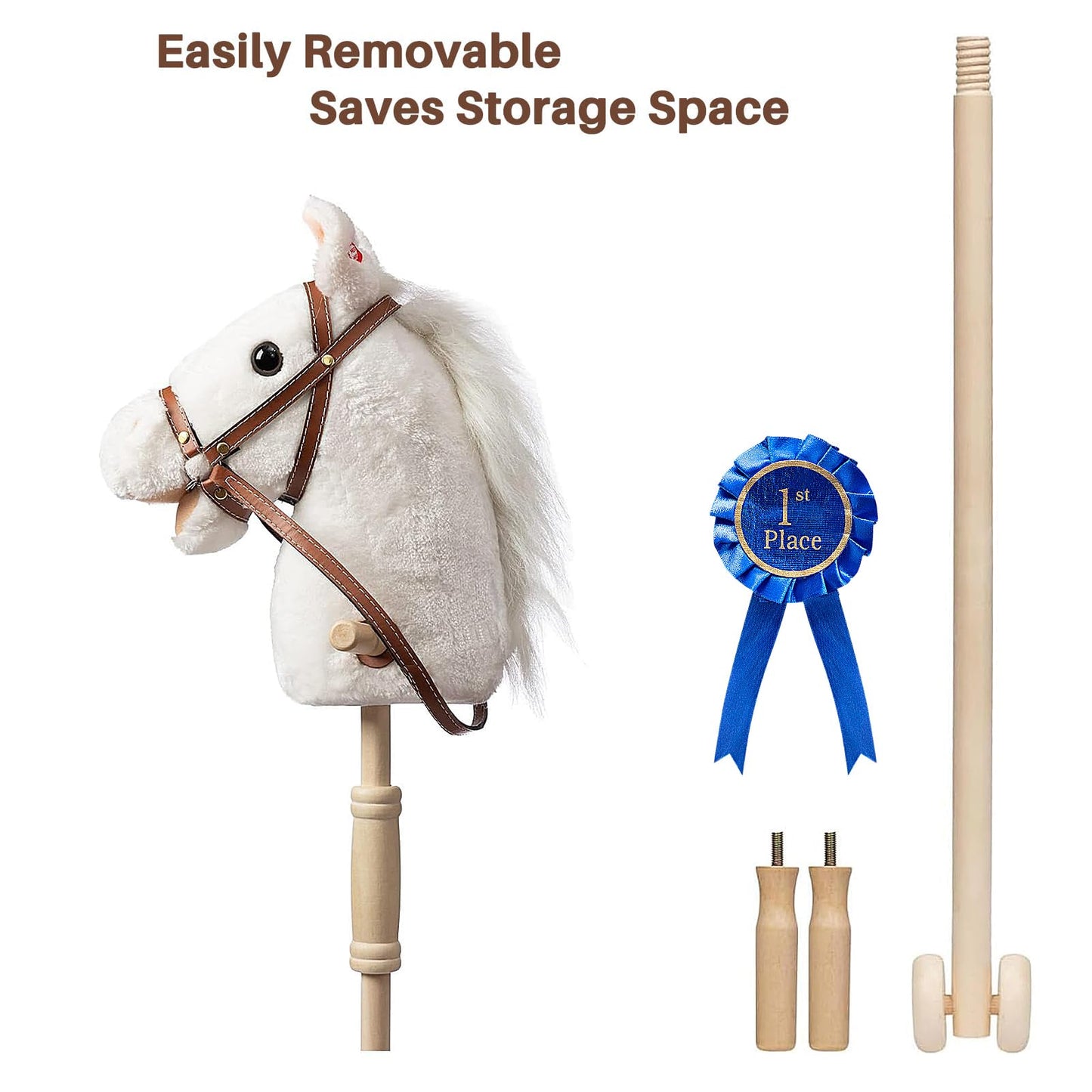 HollyHOME Stick Horse Plush with Detachable Blue Ribbon Champion Hobby Horse on Stick with Wood Wheels Real Pony Neighing and Galloping Sounds for Kids Toddlers White 36 Inches(AA Batteries Required)
