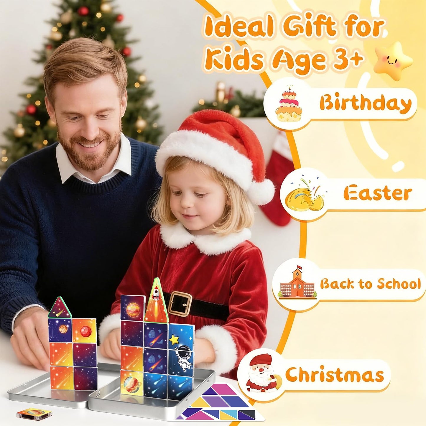 kocojrff Mini Magnetic Tiles Travel Set, 31Pcs STEM Travel Magnatiles with Metal Case, Space Theme Educational & Creative Magnet Tiles for Kids