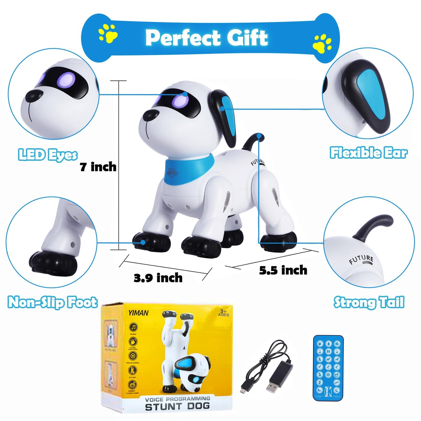 yiman Remote Control Robot Dog Toy – Programmable Smart Robot Dog for Kids 3+, Interactive Dancing & Sound, RC Stunt Toys with LED Eyes, Electronic Pet Toy for Boys & Girls Gifts (Blue)
