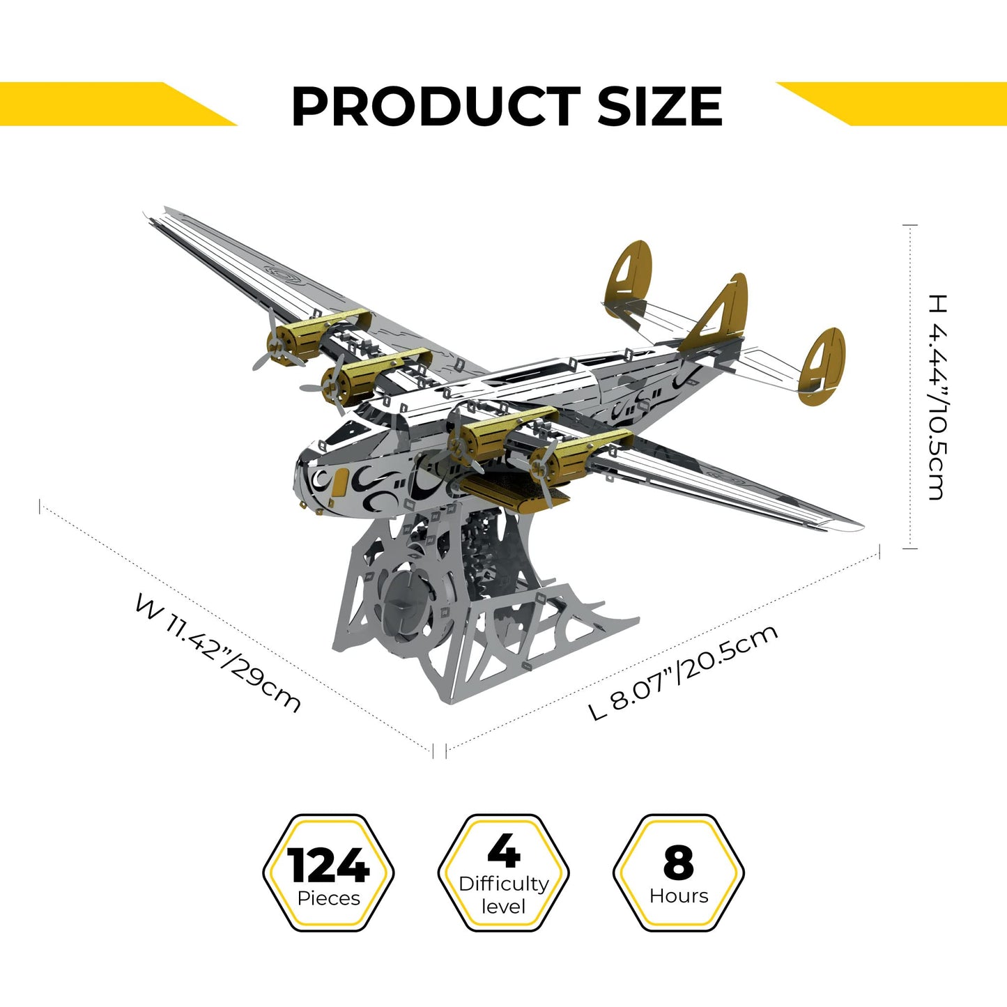 METAL-TIME SPLASHING DREAMER, 3D Metal Airplane Model Mechanical Building Kit, Unique Wind-Up Moving Mechanism, Stainless Steel DIY Construction with Toolbox - 124 Pieces.
