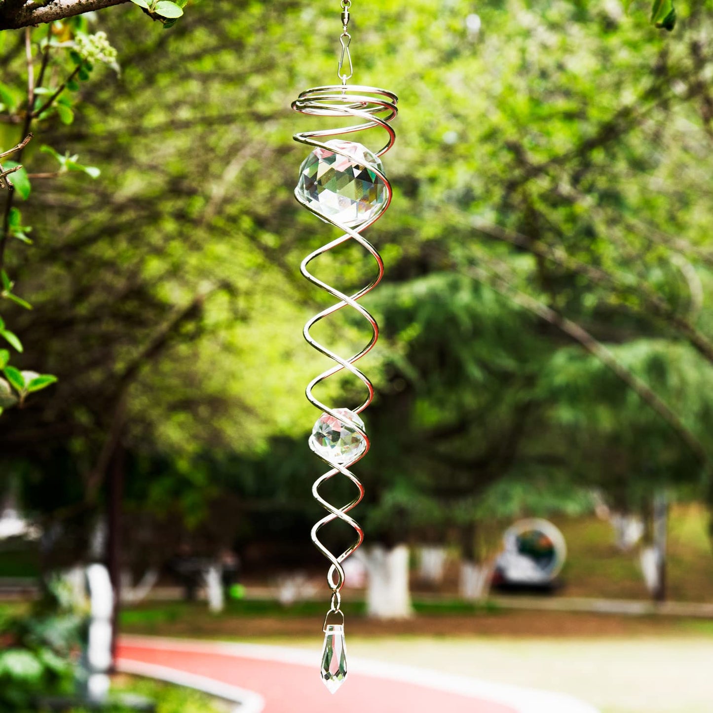 12 inch Gazing Ball Spiral Tail, Prefdo Stainless Steel Wind Spinner Stabilizer with 2 Glass Balls Prism and Hanging Swivel Hook for Outdoor Yard Garden Decoration(Clear)