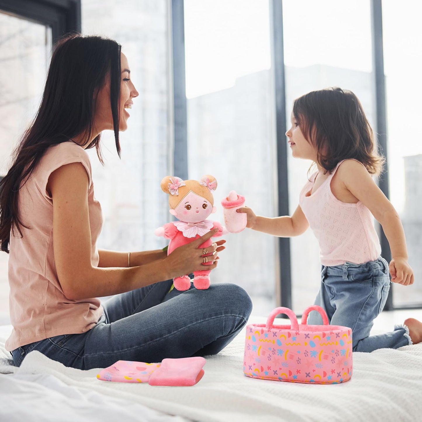 OUOZZZ 10" Soft Baby Doll Accessories with Plush Doll, Bassinet, Blanket and Bottle, Toys for 2 Year Olds Girls Birthday Gift, Interactive Pretend Playset for Preschool Gametime Pink