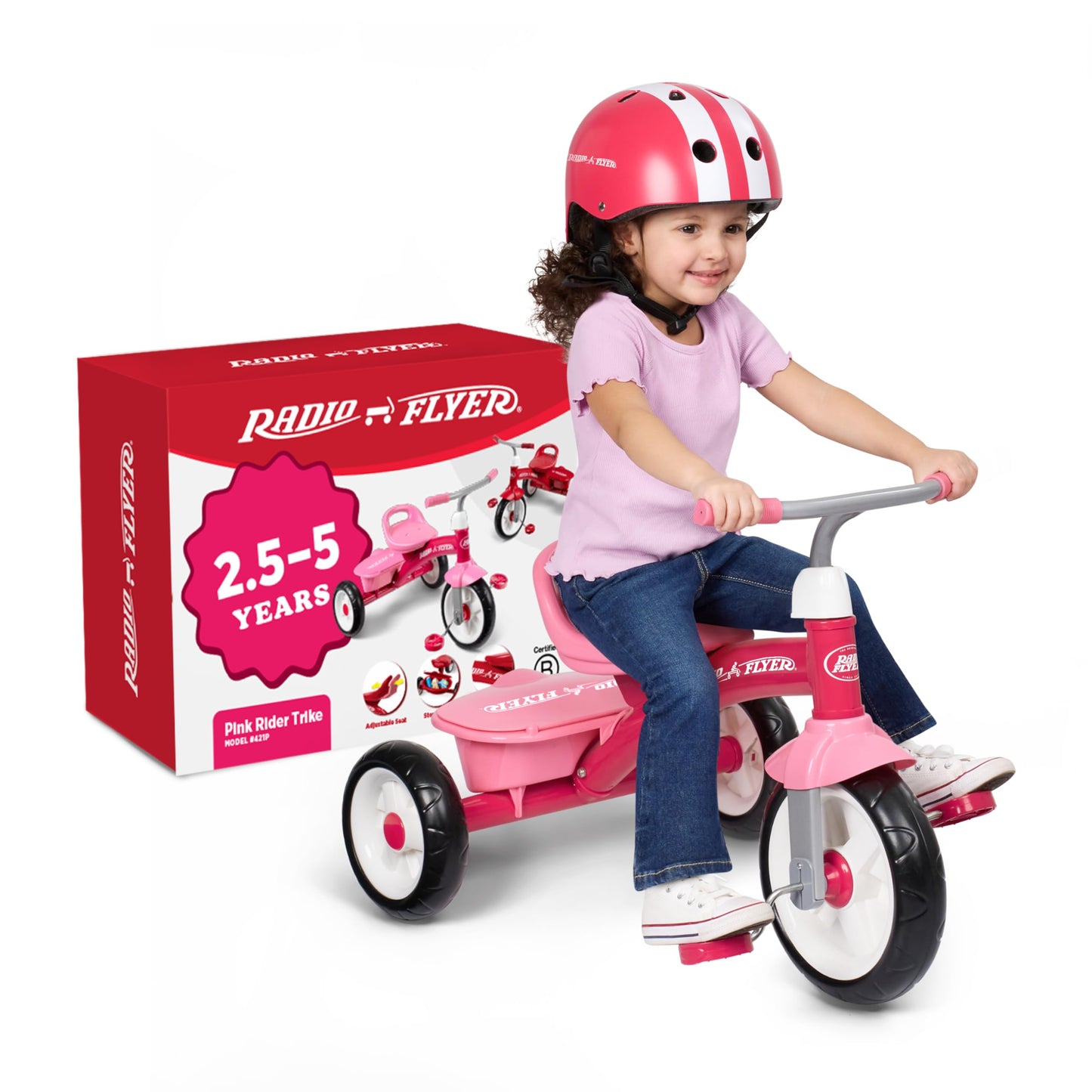 Radio Flyer Pink Rider Trike, for Ages 2.5-5, Adjustable Seat, Steel Construction, Quiet Ride Wheels, Covered Storage Bin, Comfort Grip Handlebars, Easy Carry Seat Handle, Tricycle for Toddlers